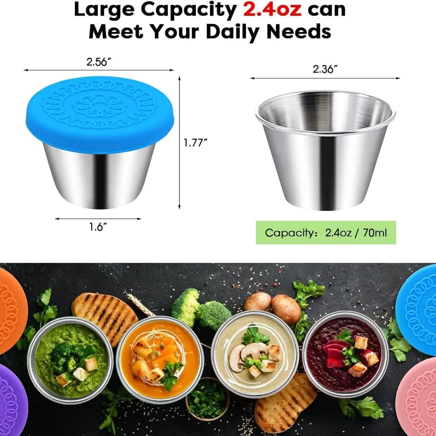 ظروف چاشنی کوچک 70 میلی لیتری PYEBE، بسته 6 عددی، استیل ضد زنگ و سیلیکون، ضد نشت، قابل استفاده مجدد، چند رنگ، گرد، با درب