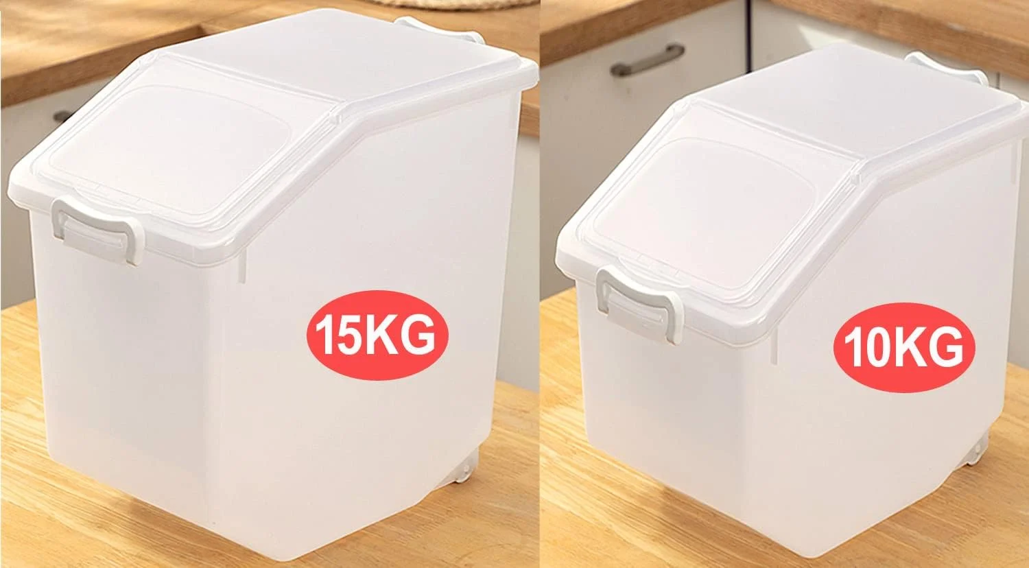 ست ظروف نگهداری برنج Premify، 2 عددی (10 کیلوگرم و 15 کیلوگرم) - ظرف نگهداری مواد غذایی با درب، جعبه نگهداری غلات بزرگ پلاستیکی بدون BPA، ظروف چند منظوره برای آشپزخانه با پیمانه اندازه گیری
