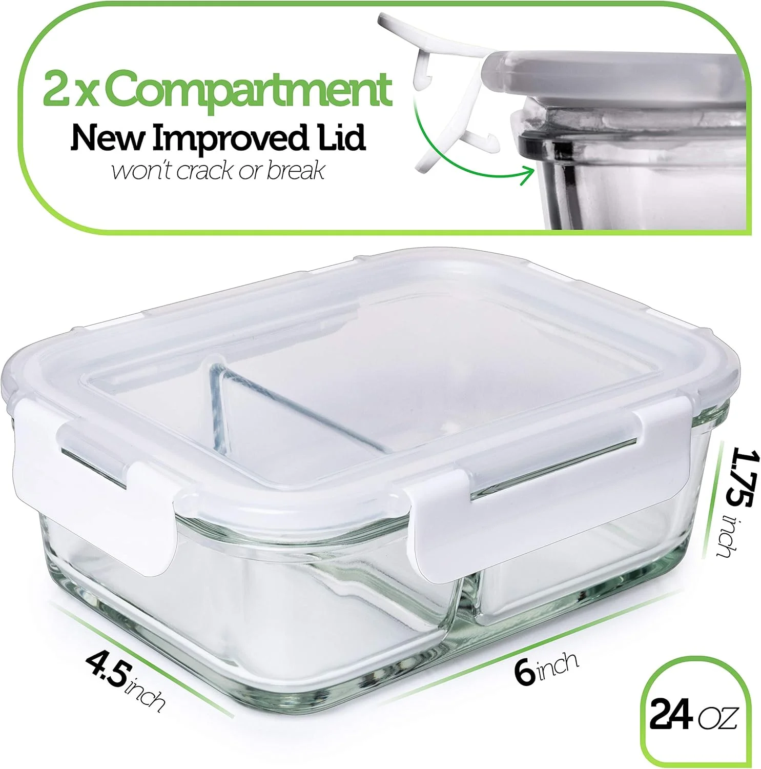 ظروف شیشه ای دو قسمتی Prep Naturals - ظروف نگهداری غذا شیشه ای با درب - ظروف ناهار شیشه ای تقسیم شده ظرف غذا 710 میلی لیتر