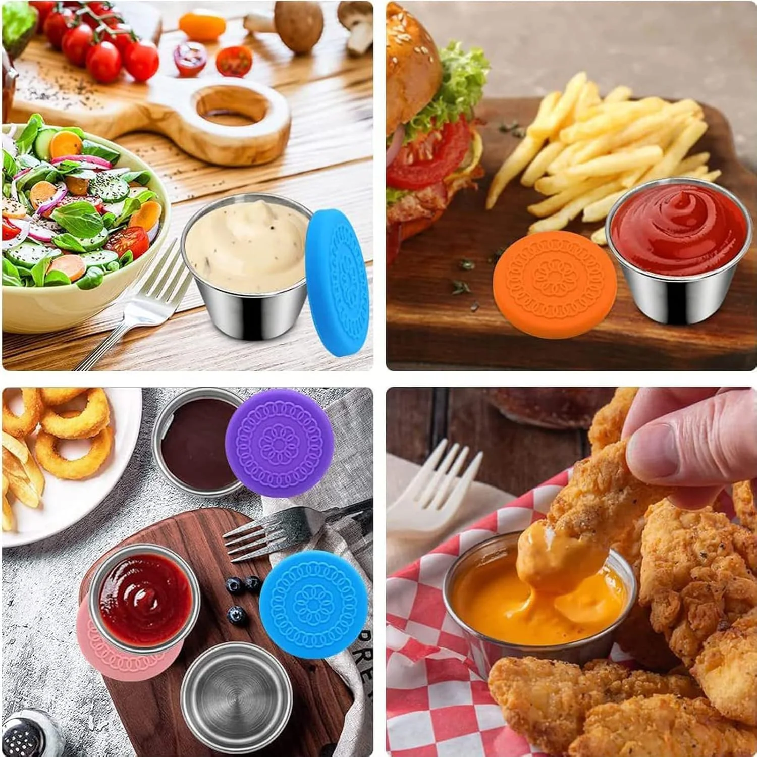 ظروف چاشنی کوچک 70 میلی لیتری PYEBE، بسته 6 عددی، استیل ضد زنگ و سیلیکون، ضد نشت، قابل استفاده مجدد، چند رنگ، گرد، با درب