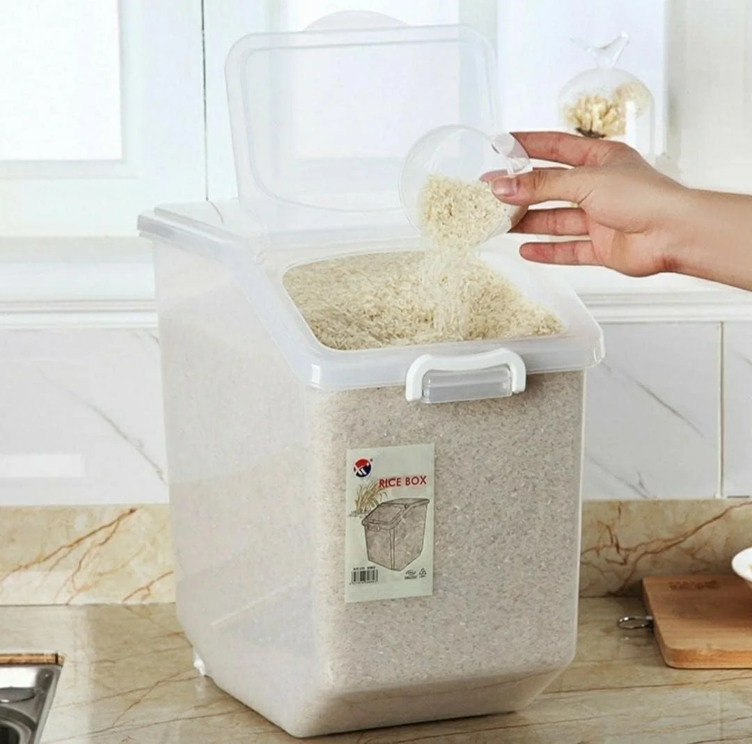 ست ظروف نگهداری برنج Premify، 2 عددی (10 کیلوگرم و 15 کیلوگرم) - ظرف نگهداری مواد غذایی با درب، جعبه نگهداری غلات بزرگ پلاستیکی بدون BPA، ظروف چند منظوره برای آشپزخانه با پیمانه اندازه گیری