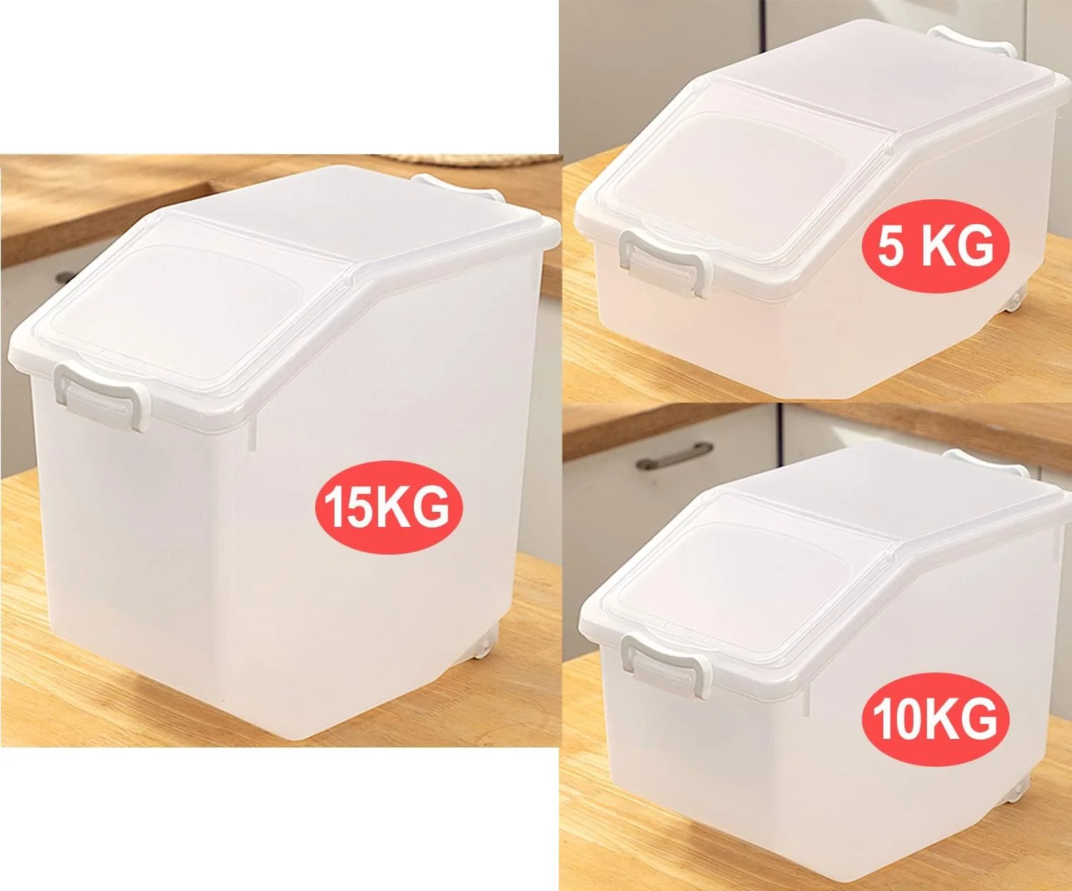 ست ۳ عددی ظروف نگهداری برنج Premify (۵ کیلوگرم، ۱۰ کیلوگرم، ۱۵ کیلوگرم) - ظرف نگهداری مواد غذایی درب دار، جعبه نگهداری غلات بزرگ پلاستیکی بدون BPA، ظرف چند منظوره آشپزخانه با پیمانه اندازه گیری