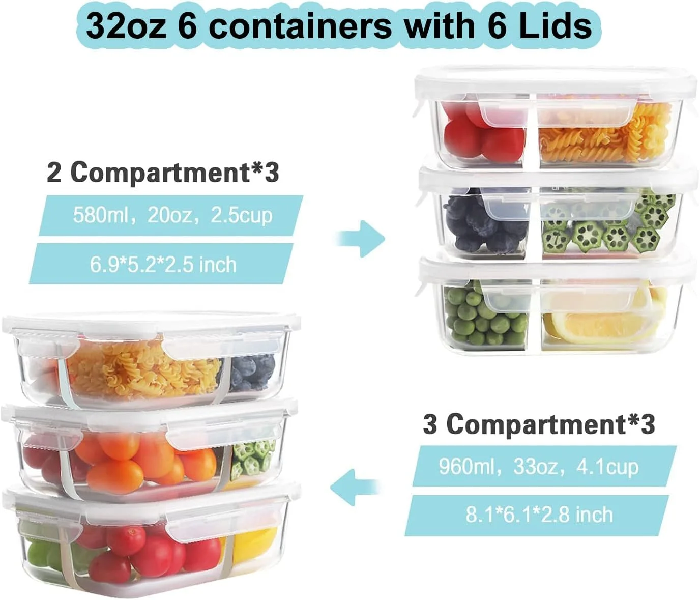 ست ظروف آماده سازی غذا 6 عددی Purfex، ظروف نگهداری مواد غذایی شیشه ای، 2 و 3 محفظه 950 میلی لیتر، ظروف شیشه ای درب دار هوا بند، فاقد BPA، ایده آل برای نگهداری در آشپزخانه، قابل استفاده در مایکروویو، فریزر و ماشین ظرفشویی