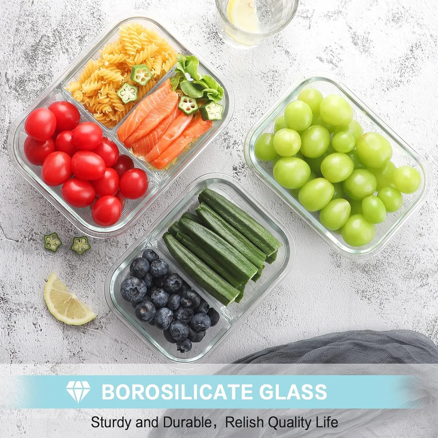 ست ظروف آماده سازی غذا 6 عددی Purfex، ظروف نگهداری مواد غذایی شیشه ای، 2 و 3 محفظه 950 میلی لیتر، ظروف شیشه ای درب دار هوا بند، فاقد BPA، ایده آل برای نگهداری در آشپزخانه، قابل استفاده در مایکروویو، فریزر و ماشین ظرفشویی