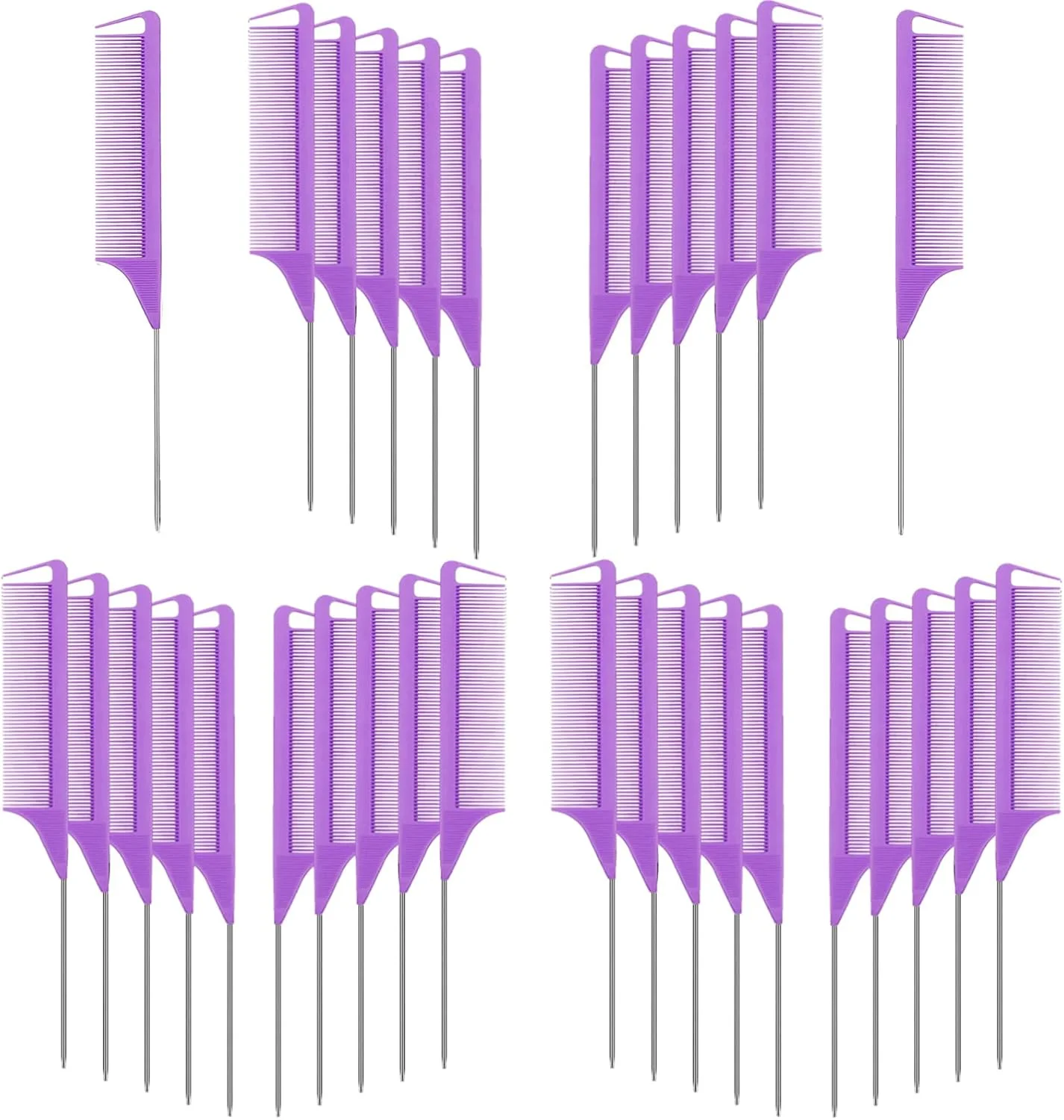 شانه تقسیم مو Virtue morals، 32 عدد شانه دم موشی بنفش فیبر کربنی، شانه دم باریک استیل ضد زنگ، شانه آرایشگری مقاوم در برابر حرارت و ضد الکتریسیته ساکن برای بافت مو، کوتاه کردن مو و ابزارهای حالت دهی