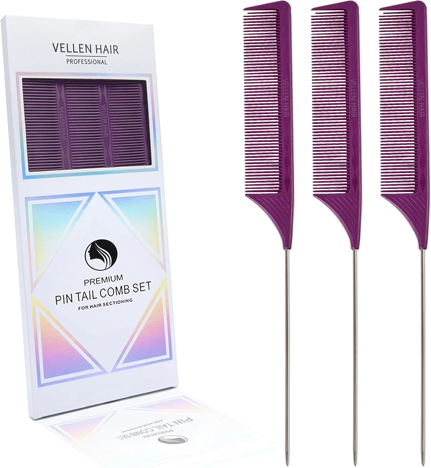 شانه دم موشی حرفه ای 9 اینچی Vellen Hair برای آرایشگران، ساخته شده از مواد PEI مقاوم در برابر حرارت 430 درجه فارنهایت و ضد الکتریسیته ساکن، شانه دم باریک با استیل ضد زنگ بلند - بسته 3 عددی (بنفش)