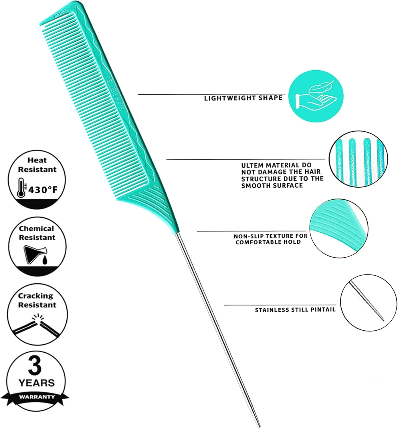 شانه دم باریک حرفه ای مو ولن، 9 اینچ، ساخته شده از مواد PEI مقاوم در برابر حرارت 430 درجه فارنهایت و ضد الکتریسیته ساکن، برای حالت دادن و هایلایت کردن مو، 3 عددی (نعنایی)