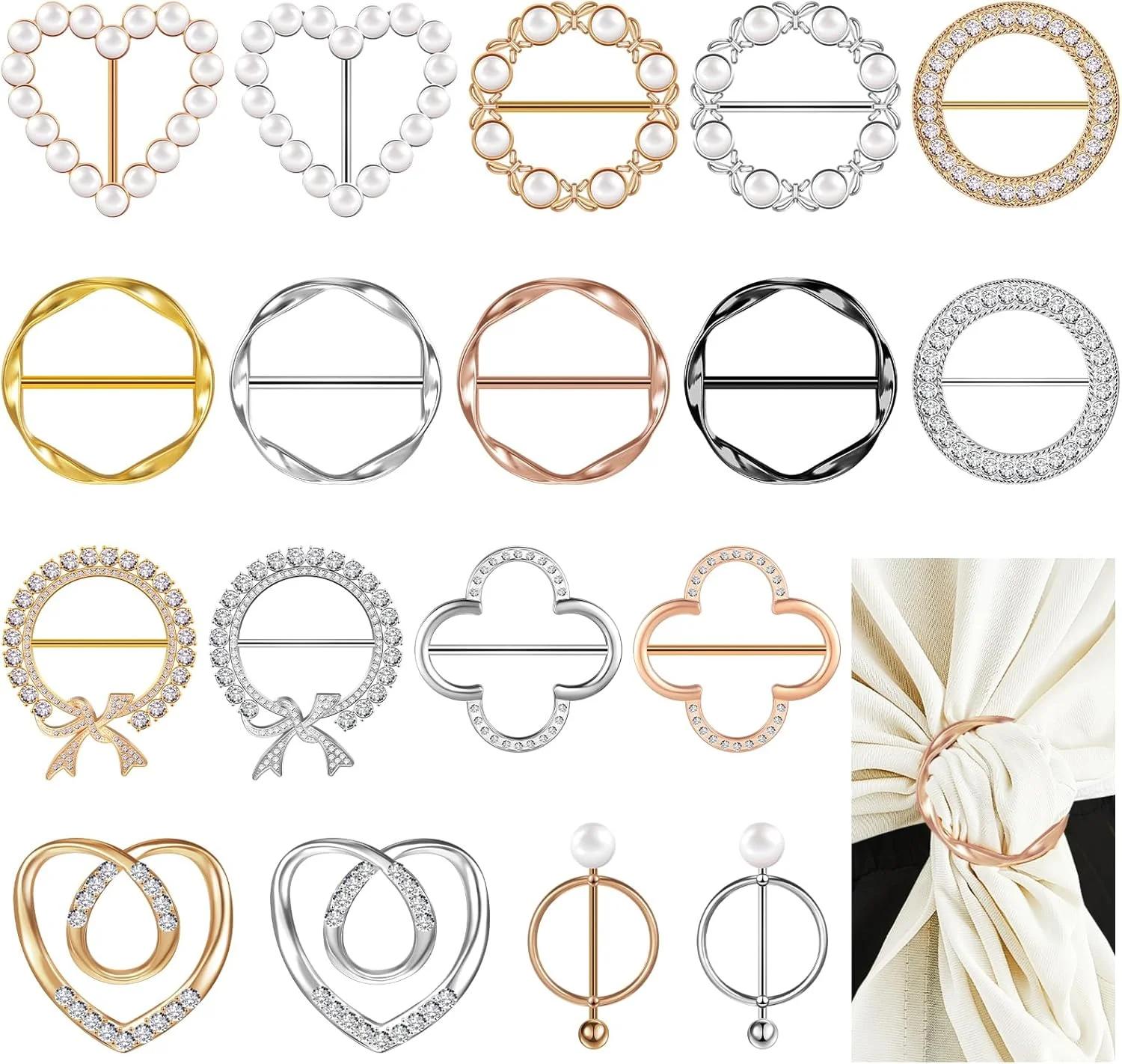گیره تی شرت Juexica، گیره روسری زنانه، حلقه روسری، گیره کمر، حلقه گره مرواریدی و نگین دار فلزی آلیاژی گرد، 18 عدد