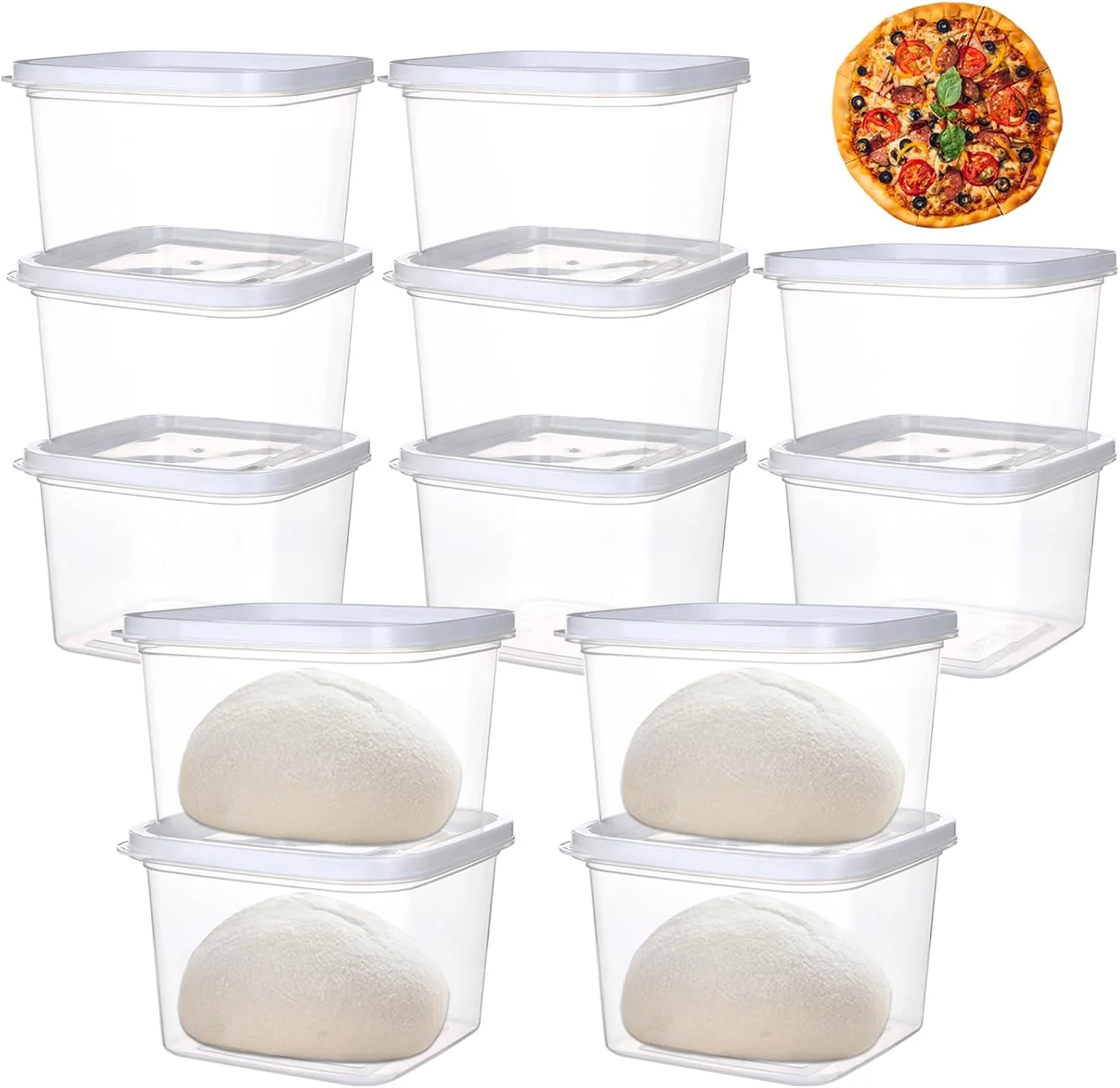 جعبه نگهداری خمیر پیتزا 12 عددی، ابعاد 11*11*7 سانتیمتر، جعبه تخمیر خمیر پیتزا بزرگ با درب های محکم، ظرف خمیر نان پیتزا با پوشش، ظرف نگهداری مواد غذایی، مناسب آشپزخانه و کمپینگ (مربع - 620 میلی لیتر)