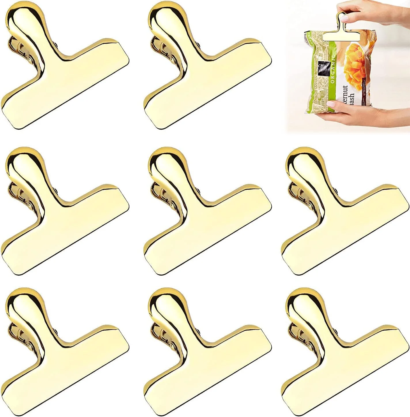گیره های کیسه استیل ضد زنگ سنگین SYOSI، 8 عددی، گیره های آب بندی مواد غذایی طلایی براق برای چیپس، قهوه، نان، کیسه های غلات - مواد غذایی را در خانه، آشپزخانه، اداره، انبار، کمپینگ تازه نگه دارید