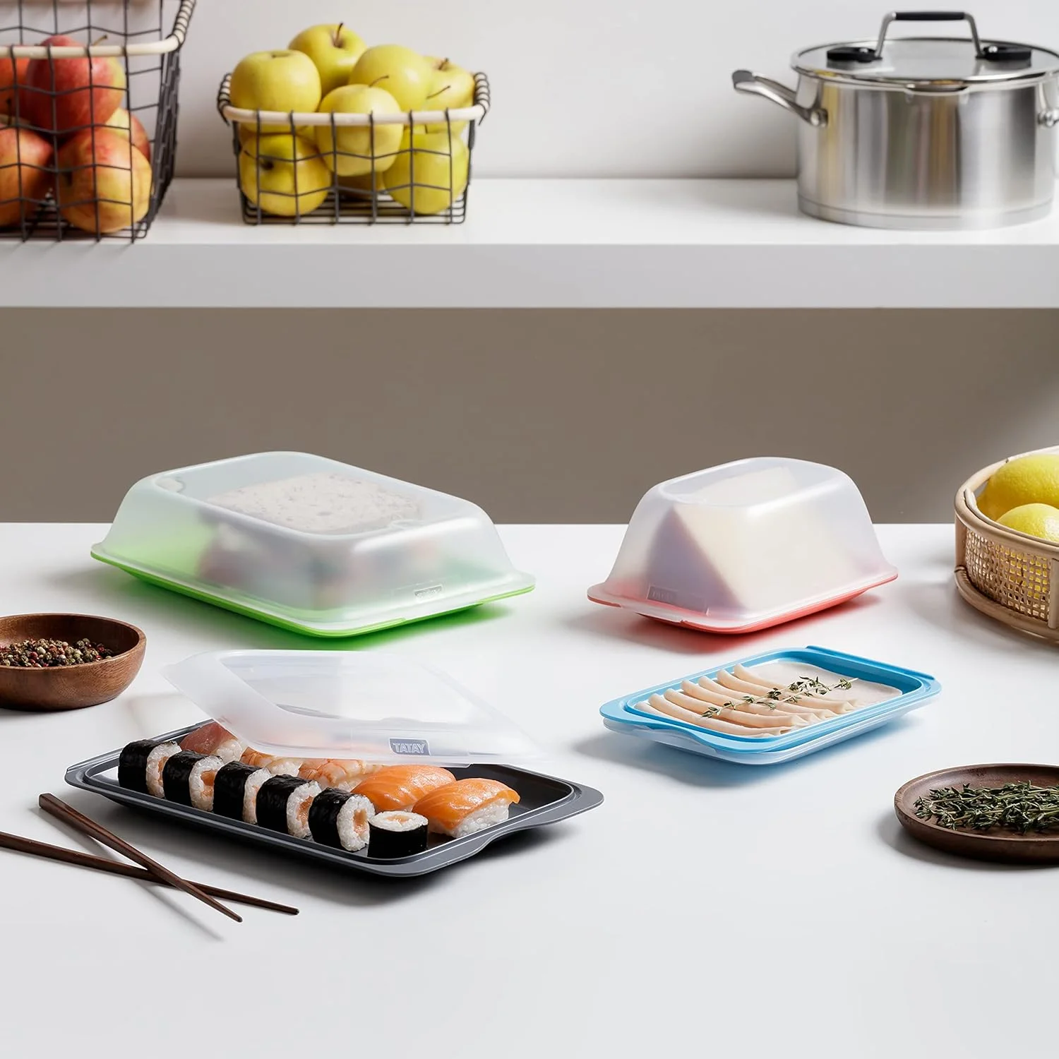 ست ۳ تکه ظرف نگهداری گوشت و کالباس تاتای، بدون BPA، قابل استفاده مجدد، قابل چیدن روی هم، قابل شستشو در ماشین ظرفشویی و استفاده در مایکروویو، ابعاد ۱۷ سانتی متر × ۳.۲ سانتی متر × ۲۵.۲ سانتی متر