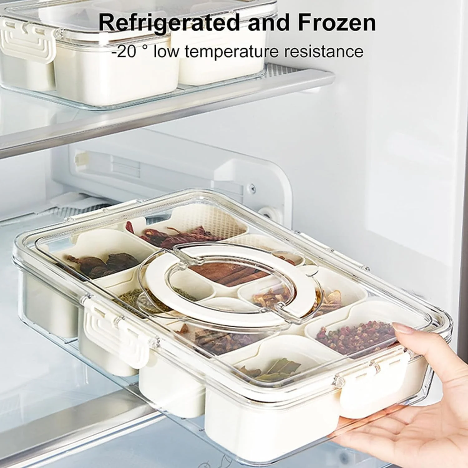 سینی سرو غذا TAME با درب، ظرف میوه و سبزیجات قابل چیدن با 8 تقسیم کننده کوچک، ظروف پلاستیکی برای یخچال، فریزر، جعبه شفاف تنقلات برای آب نبات، آجیل و ادویه