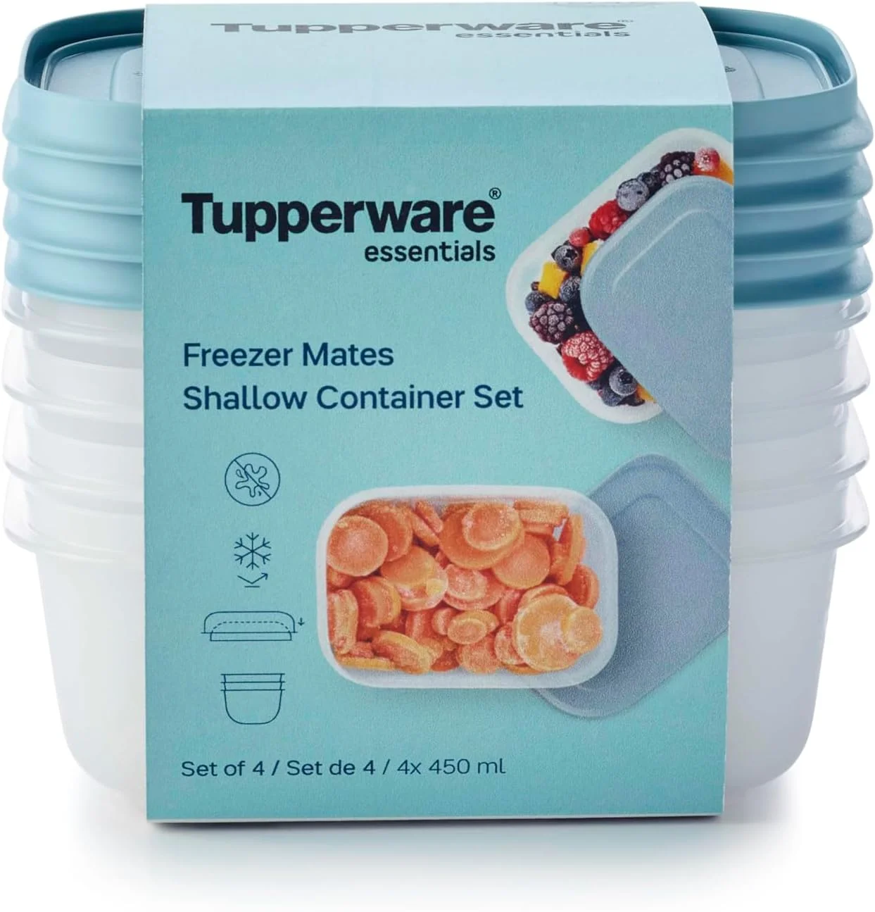 ست ۴ تکه ظرف فریزری کم عمق تاپرویر Essentials - ۴۵۰ میلی لیتر - نگهداری مواد غذایی - چیدمان و سازماندهی آسان - بادوام و قابل استفاده مجدد - درب ضد هوا - عالی برای باقیمانده غذا و کاهش ضایعات