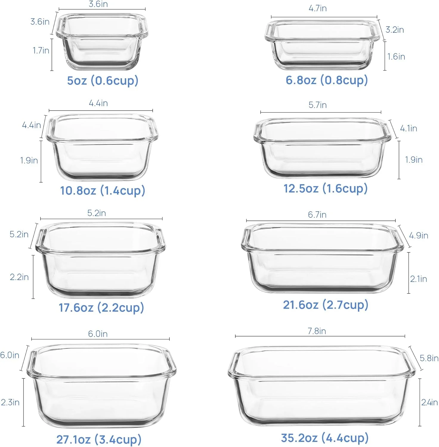 ظروف آماده سازی غذا شیشه ای Vtopmart، 8 عددی، با درب های قفل دار ضد نشت، ظروف نگهداری مواد غذایی درب دار مناسب مایکروویو، فر، فریزر و ماشین ظرفشویی، فاقد BPA، آبی