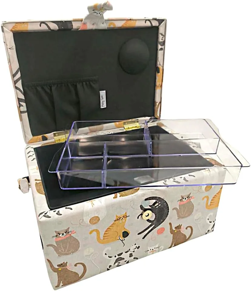 جعبه خیاطی چوبی متوسط JYC CREATIVE با روکش پارچه ای، 8 محفظه، جعبه سازمان دهنده با محفظه سوزن، جعبه نگهداری با دسته و سینی (خیاطی، متوسط)