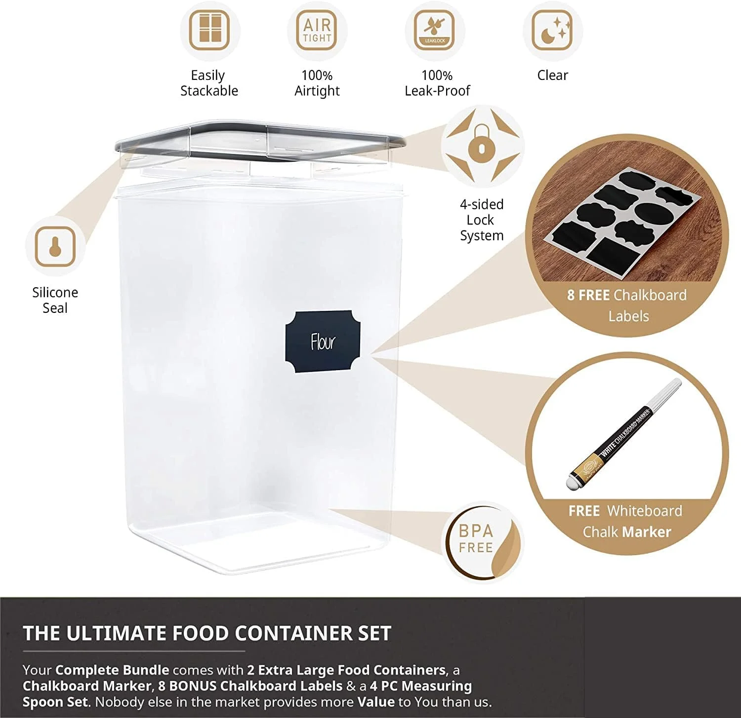 ظرف نگهداری مواد غذایی 6.5 لیتری (5 کیلوگرمی) - ظرف بزرگ پلاستیکی آشپزخانه با درب قفل دار برای آرد، شکر، برنج، غلات - بدون BPA، سازمان دهنده قابل چیدن انبار - میستریس (ست 2 عددی)