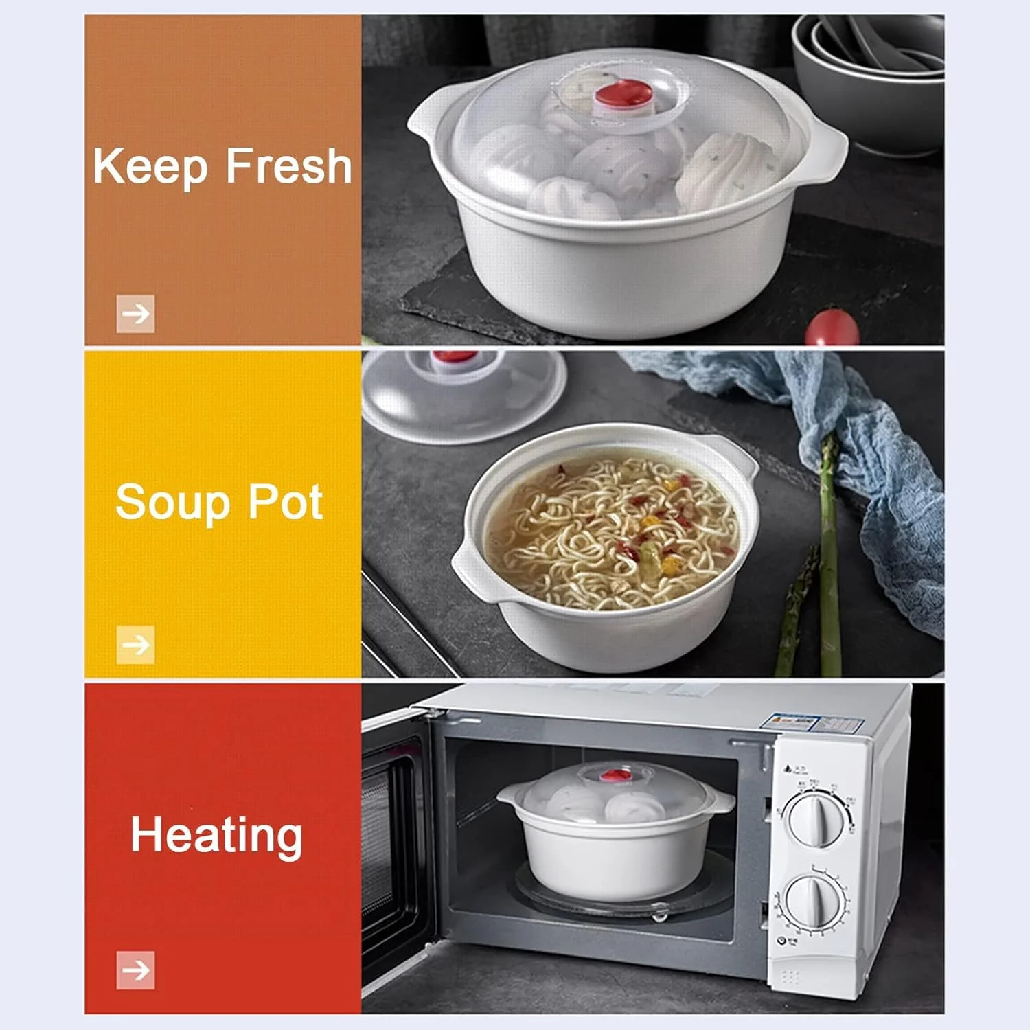 NALACAL ست 3 عددی کاسه ایمن برای مایکروویو با درب، ظروف پخت و پز بدون BPA، ظرف گرم کننده مایکروویو، کاسه نودل، کاسه گرم کننده سوپ، قابل شستشو در ماشین ظرفشویی و ایمن برای مایکروویو، لوازم ضروری خوابگاه دانشجویی برای پسران و دختران