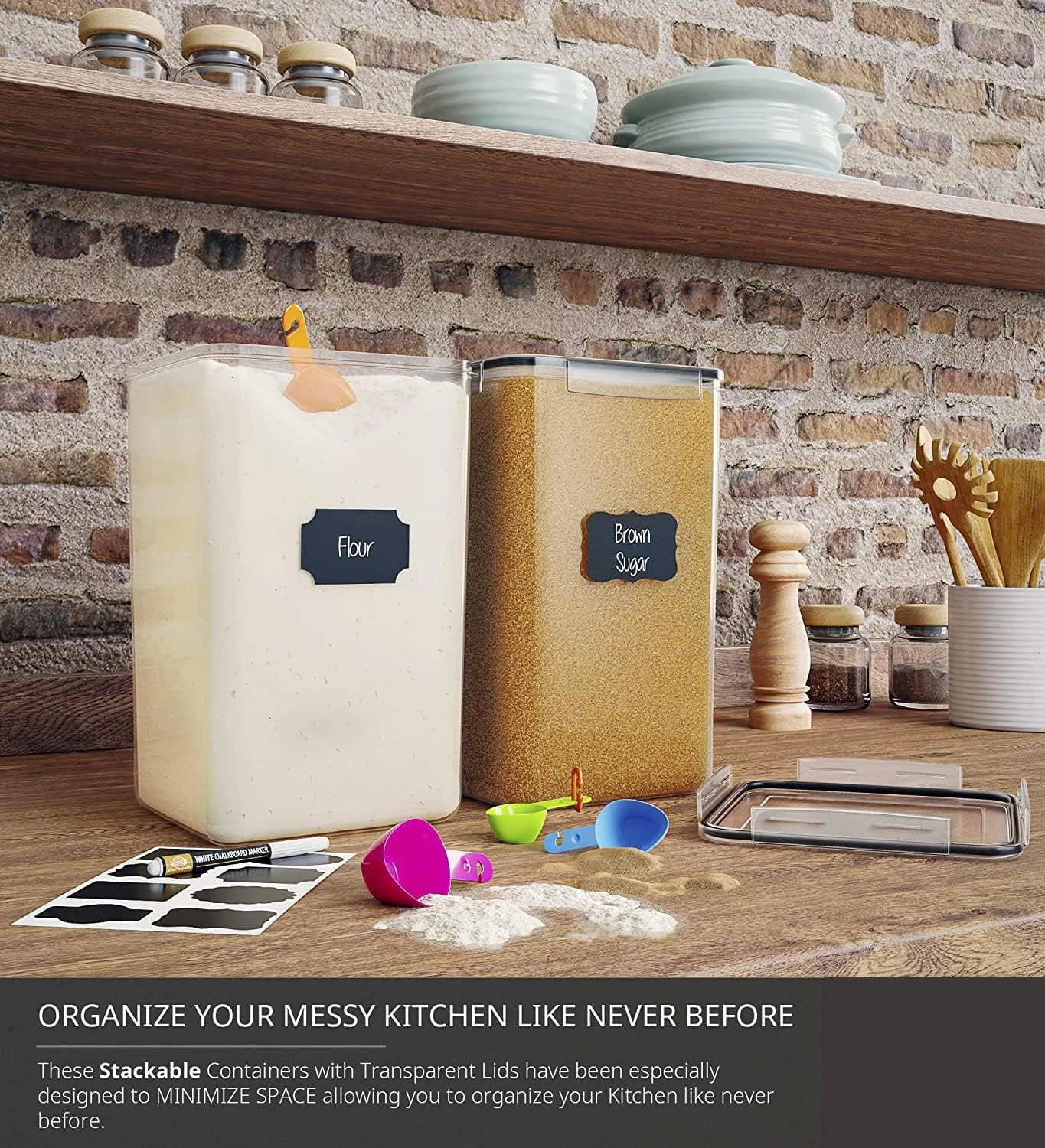 ظرف نگهداری مواد غذایی 6.5 لیتری (5 کیلوگرمی) - ظرف بزرگ پلاستیکی آشپزخانه با درب قفل دار برای آرد، شکر، برنج، غلات - بدون BPA، سازمان دهنده قابل چیدن انبار - میستریس (ست 2 عددی)