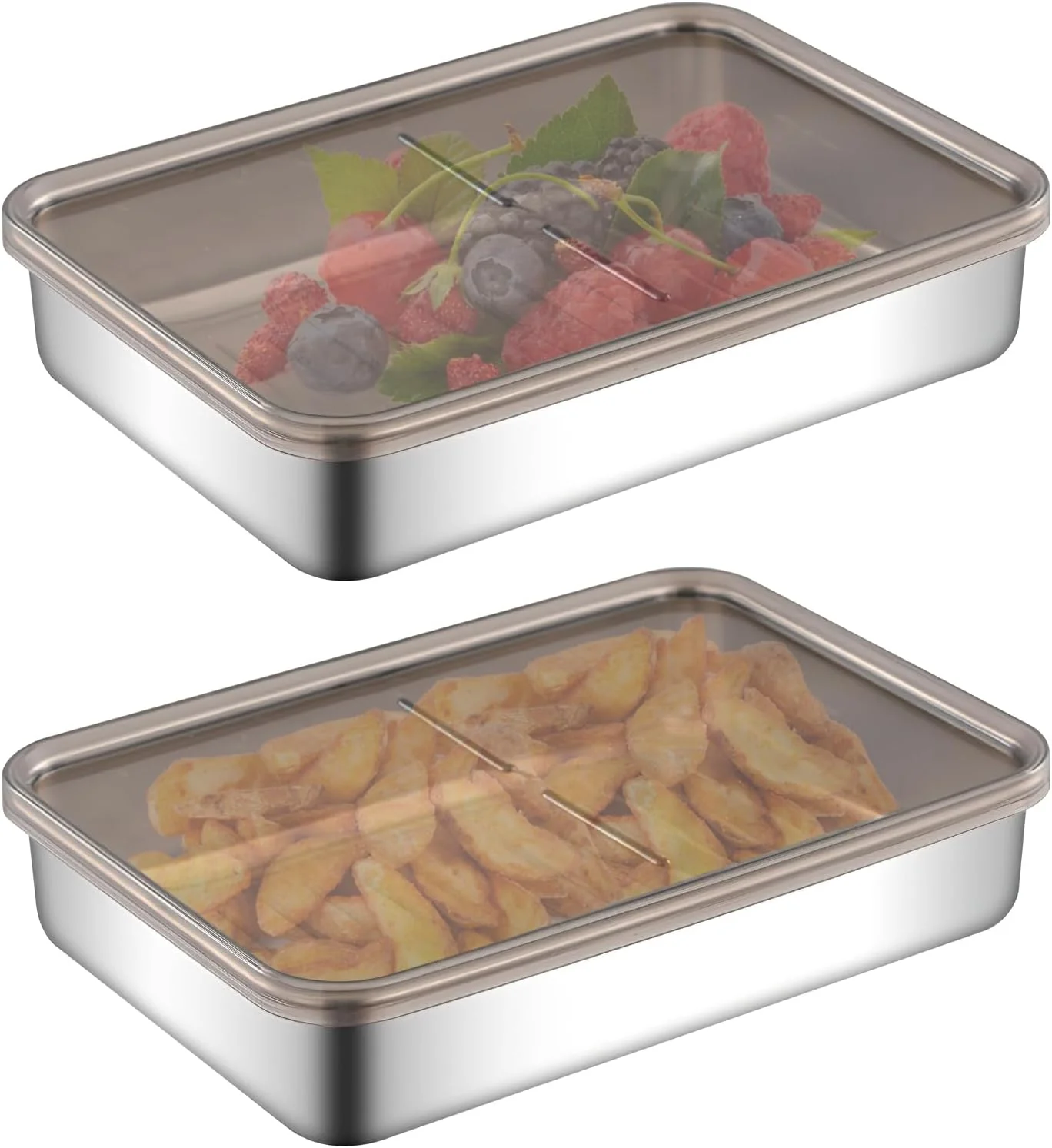 WOKICOR بسته 2 عددی جعبه نگهداری مواد غذایی تازه، سازمان دهنده یخچال، ظرف غذای استیل ضد زنگ با درب، ست ظروف نگهداری قابل استفاده مجدد، درب دار برای نگهداری سوسیس، پنیر