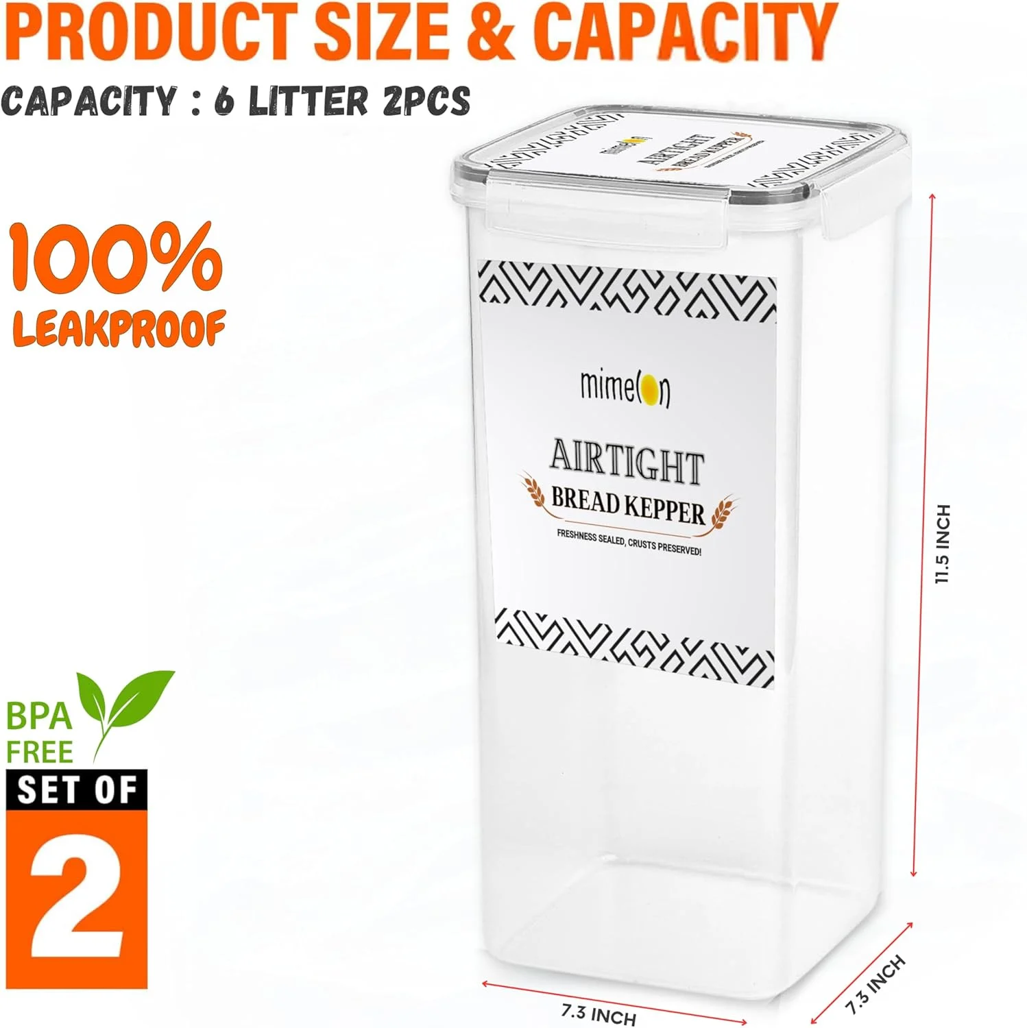 جعبه نان Mimelon® بسته 2 عددی | ظرف نان | ظروف نگهداری مواد غذایی پلاستیکی درب دار | ظرف نگهداری نان ساندویچی تازه | پخش کننده نان خانگی بدون BPA - 6.5 لیتر