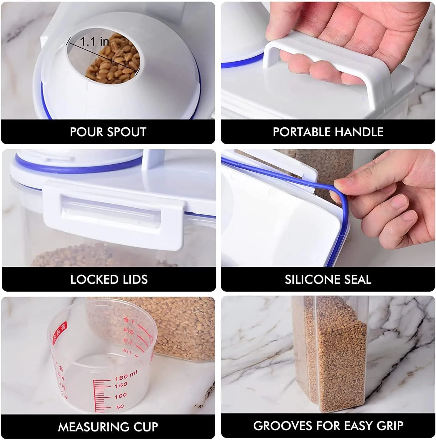 ظرف نگهداری برنج TYCOM، شامل 4 عدد ظرف غلات با پیمانه اندازه گیری، ظروف پلاستیکی درب دار، ظرف نگهداری برنج آشپزخانه، ظرف نگهداری مواد غذایی 2.7 لیتری (آبی) ظرف نگهداری برنج TYCOM، شامل 4 عدد ظرف غلات با پیمانه اندازه گیری، ظروف پلاستیکی درب دار، ظرف نگهداری برنج آشپزخانه، ظرف نگهداری مواد غذایی 2.7 لیتری (آبی)