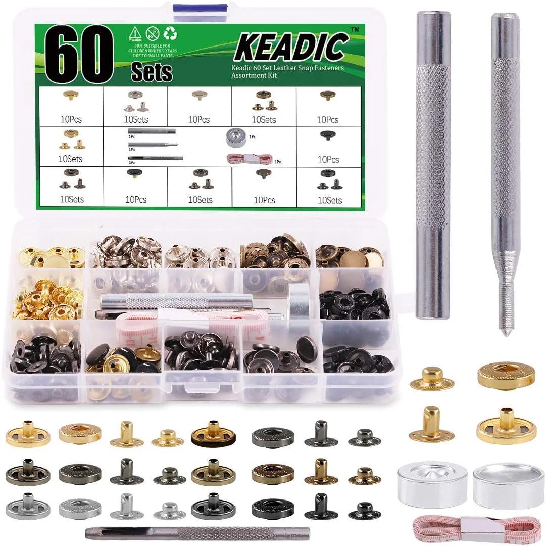 کیادیک 60 عدد بست فلزی دکمه‌ای با 4 ابزار نصب و 1 متر نوار، کیت بست دکمه‌ای چرمی 12.5 میلی‌متری در 6 رنگ با ابزار برای کاپشن، شلوار جین، لباس