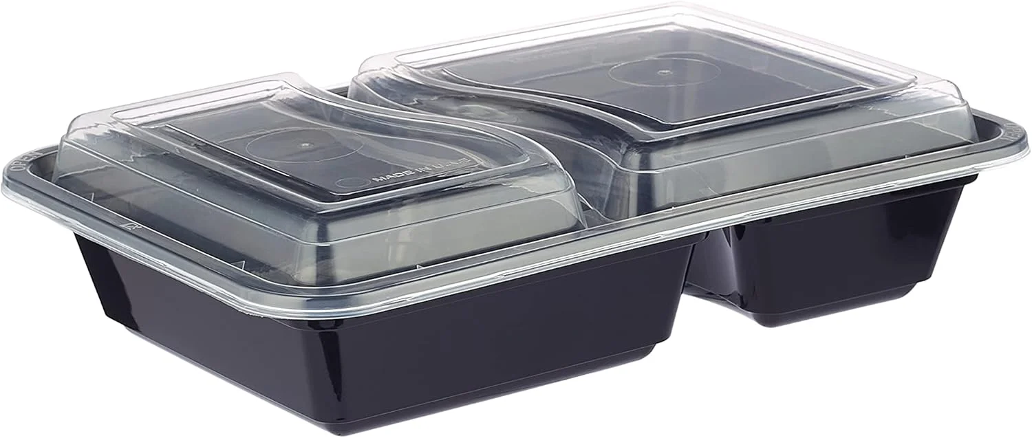 ظروف یکبار مصرف بنتو هات پک، نگهداری مواد غذایی، ظرف مستطیلی دو قسمتی با پایه مشکی و درب شفاف، مناسب برای آماده سازی غذا در مایکروویو، 50 عدد