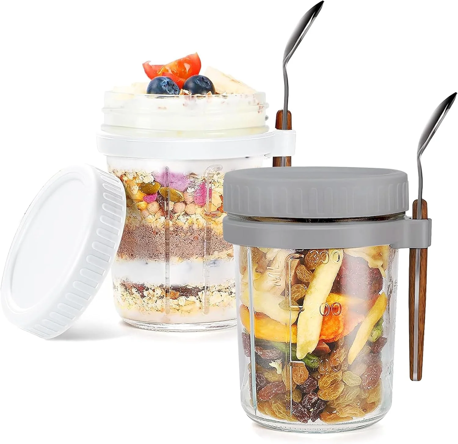 ظروف شیشه ای اوت میل شبانه KongJies، بسته 2 عددی 350 میلی لیتر، درب های سیلیکونی محکم، طراحی دهانه گشاد، ایده آل برای جو دوسر، شیر، غلات و میوه (سفید و خاکستری)