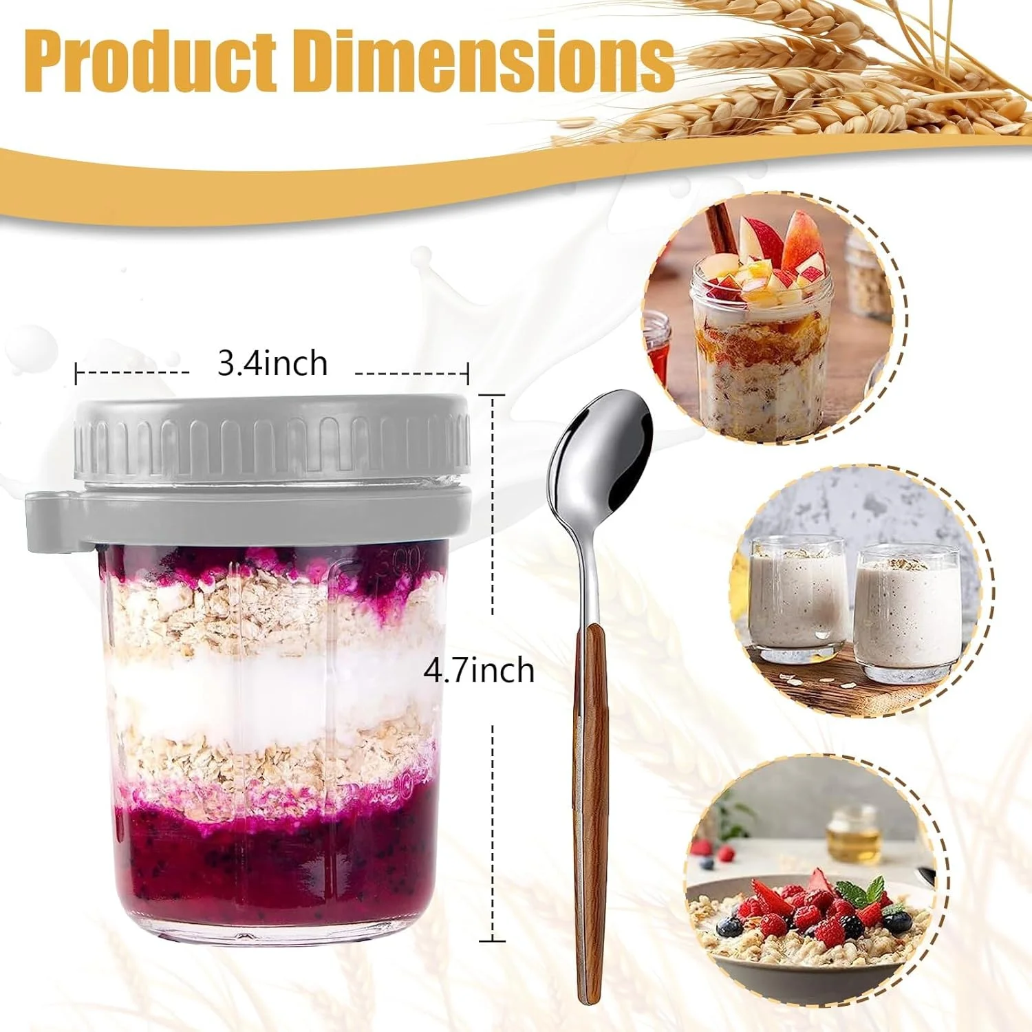 ظروف شیشه ای اوت میل شبانه KongJies، بسته 2 عددی 350 میلی لیتر، درب های سیلیکونی محکم، طراحی دهانه گشاد، ایده آل برای جو دوسر، شیر، غلات و میوه (سفید و خاکستری)