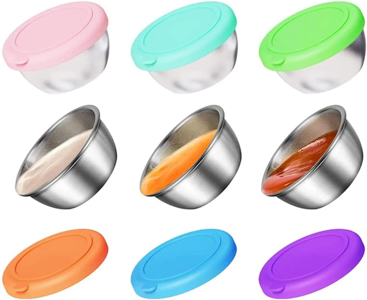 ظروف سس 6 عددی Coolchic، ظروف چاشنی قابل استفاده مجدد Coolchic 6 x 3.5 سانتی‌متری، ظرف سس سالاد استیل ضد زنگ، درب‌های سیلیکونی ضد نشت برای جعبه بنتو ناهار، پیک نیک و مسافرت