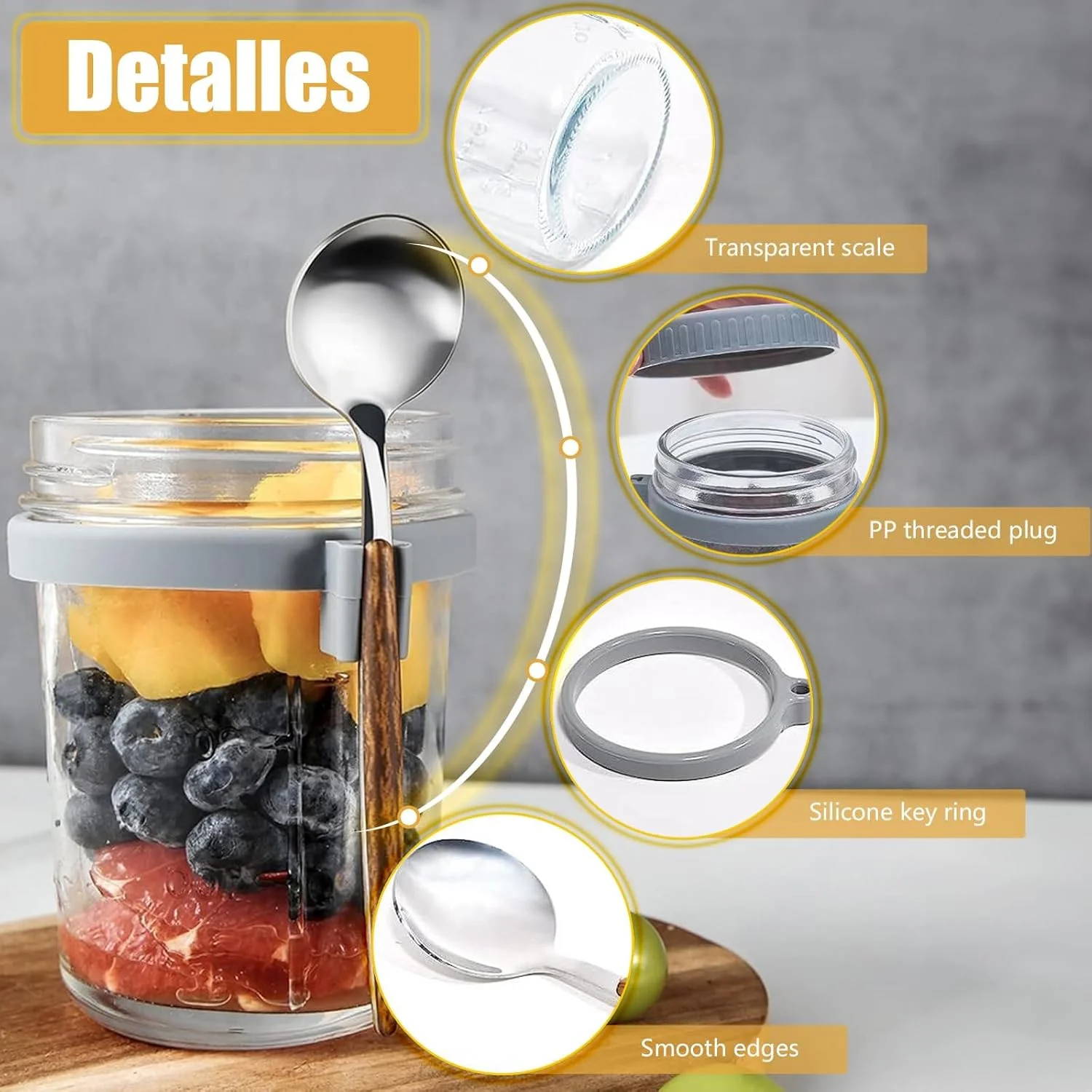 ظروف شیشه ای اوت میل شبانه KongJies، بسته 2 عددی 350 میلی لیتر، درب های سیلیکونی محکم، طراحی دهانه گشاد، ایده آل برای جو دوسر، شیر، غلات و میوه (سفید و خاکستری)