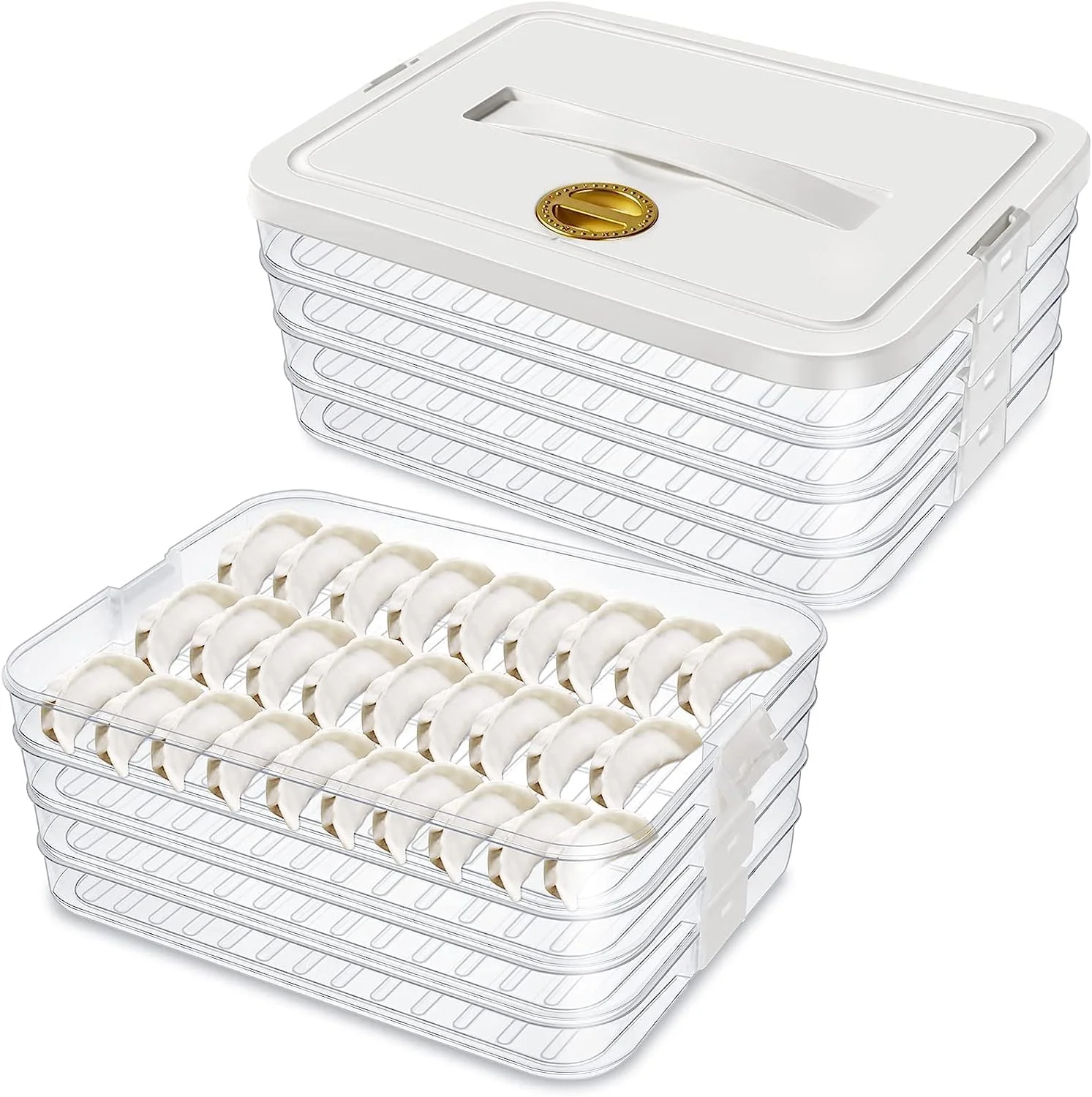 جعبه نگهداری 4 لایه پیراشکی NALACAL، ظروف نگهداری مواد غذایی قابل چیدن با درب، برای نگهداری پیراشکی، میوه و سبزیجات در فریزر و یخچال (سفید)