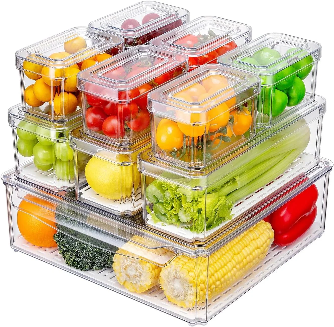 ظروف نگهداری مواد غذایی شفاف THMINS، بسته 10 عددی، با صفحه تخلیه قابل جابجایی و درب قابل چیدن - سازمان دهنده یخچال برای میوه ها، سبزیجات، گوشت