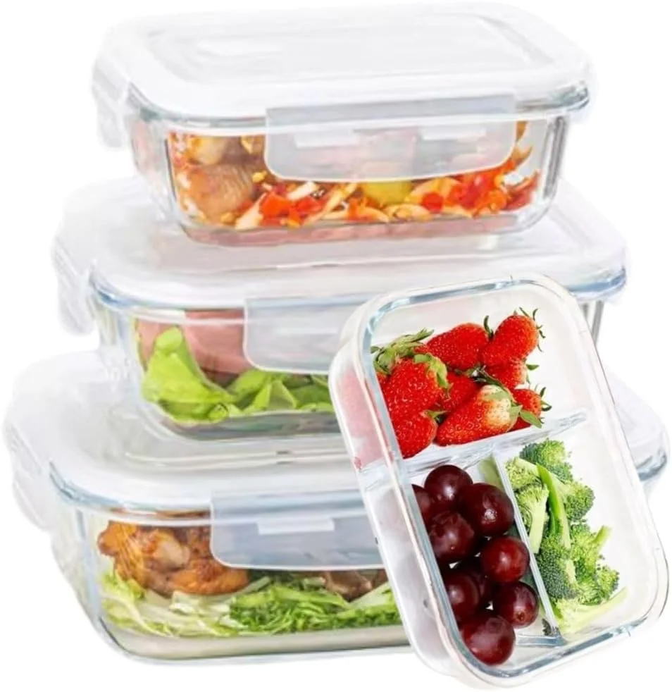 ظروف شیشه ای آماده سازی غذا، بسته 4 عددی، با درب های قفل دار ضد نشت، ظروف نگهداری مواد غذایی ایمن برای مایکروویو، فر، فریزر و ماشین ظرفشویی، بدون BPA، مشکی