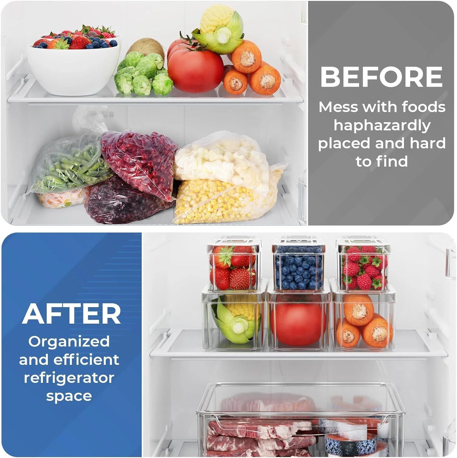 ظروف نگهداری مواد غذایی شفاف THMINS، بسته 10 عددی، با صفحه تخلیه قابل جابجایی و درب قابل چیدن - سازمان دهنده یخچال برای میوه ها، سبزیجات، گوشت