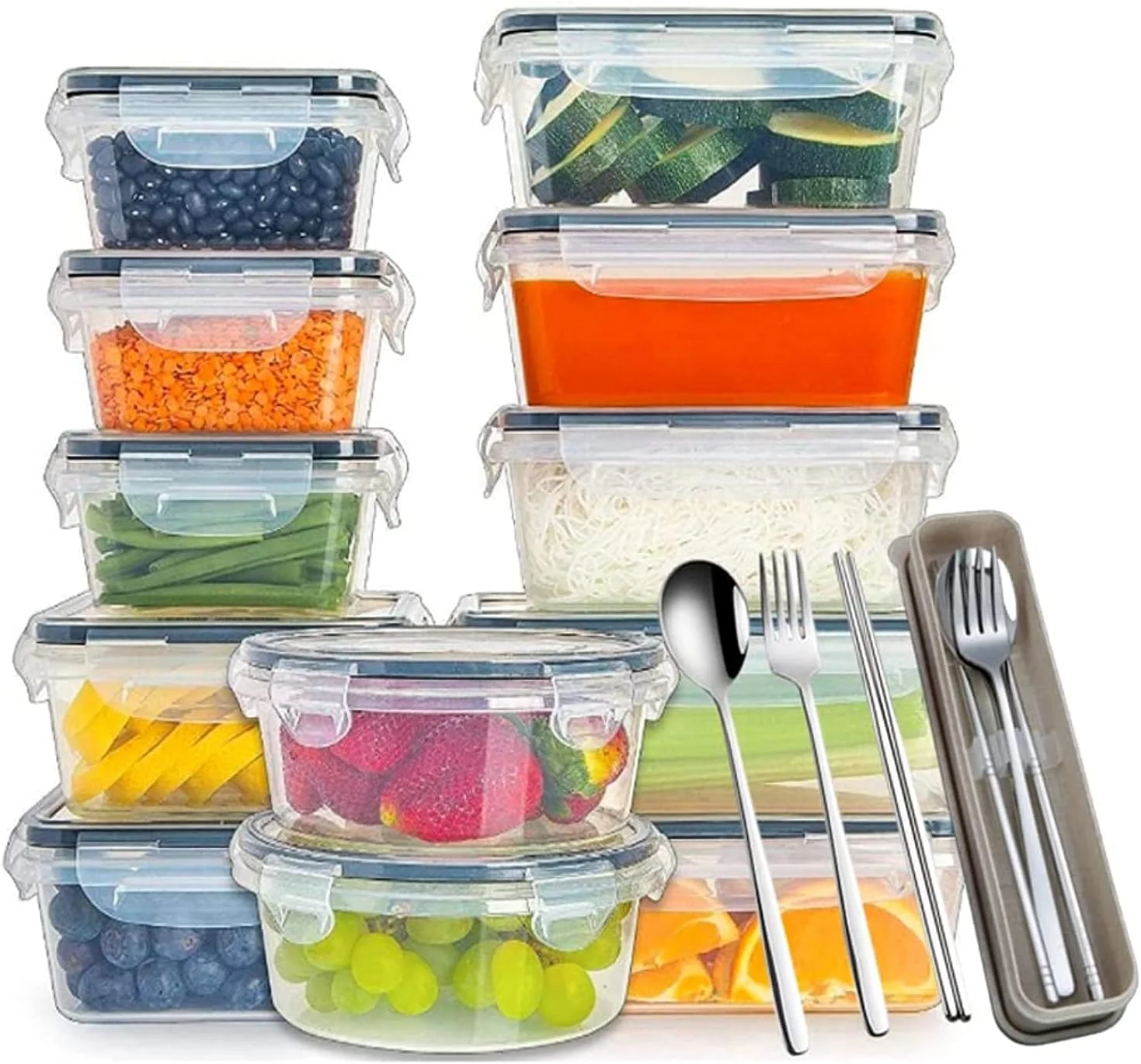 ست 12 عددی ظروف نگهداری مواد غذایی درب دار به همراه ست قاشق و چنگال، جعبه غذا، ظروف پلاستیکی قابل استفاده مجدد، ظرف آماده سازی غذا، ست آماده سازی غذا، جعبه ناهار بنتو، بنتو، جعبه ناهار برای بزرگسالان، قابل استفاده در مایکروویو