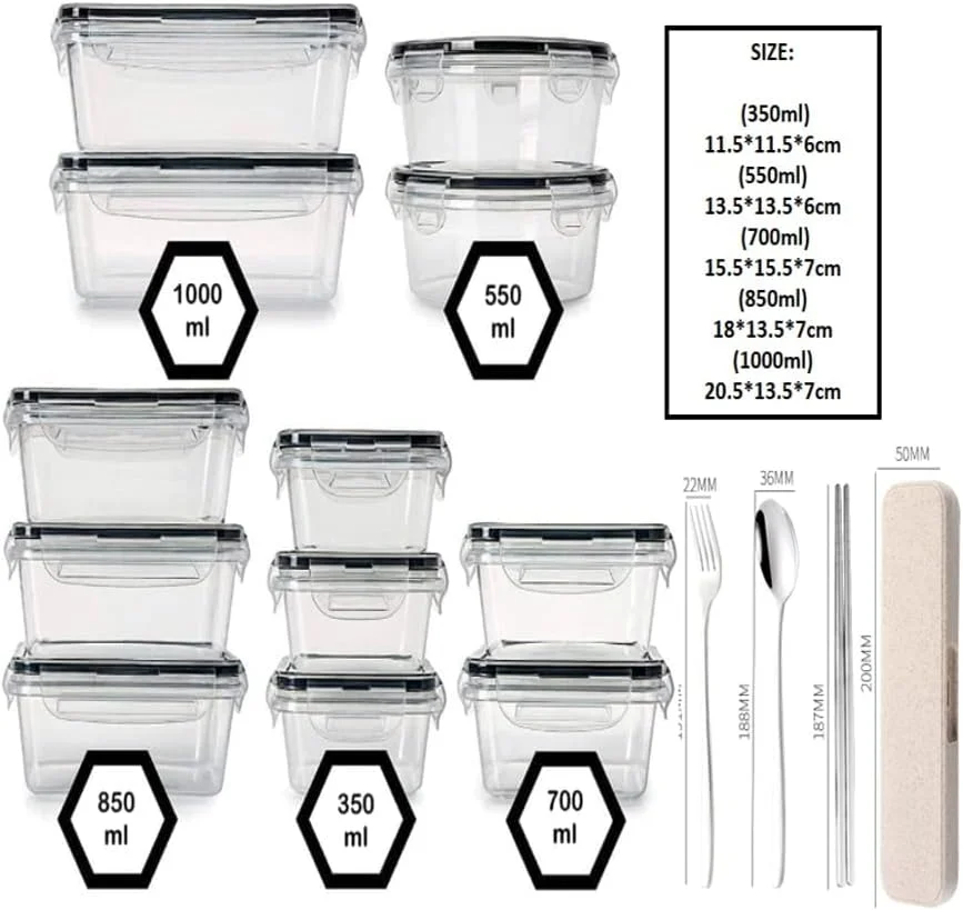 ست 12 عددی ظروف نگهداری مواد غذایی درب دار به همراه ست قاشق و چنگال، جعبه غذا، ظروف پلاستیکی قابل استفاده مجدد، ظرف آماده سازی غذا، ست آماده سازی غذا، جعبه ناهار بنتو، بنتو، جعبه ناهار برای بزرگسالان، قابل استفاده در مایکروویو