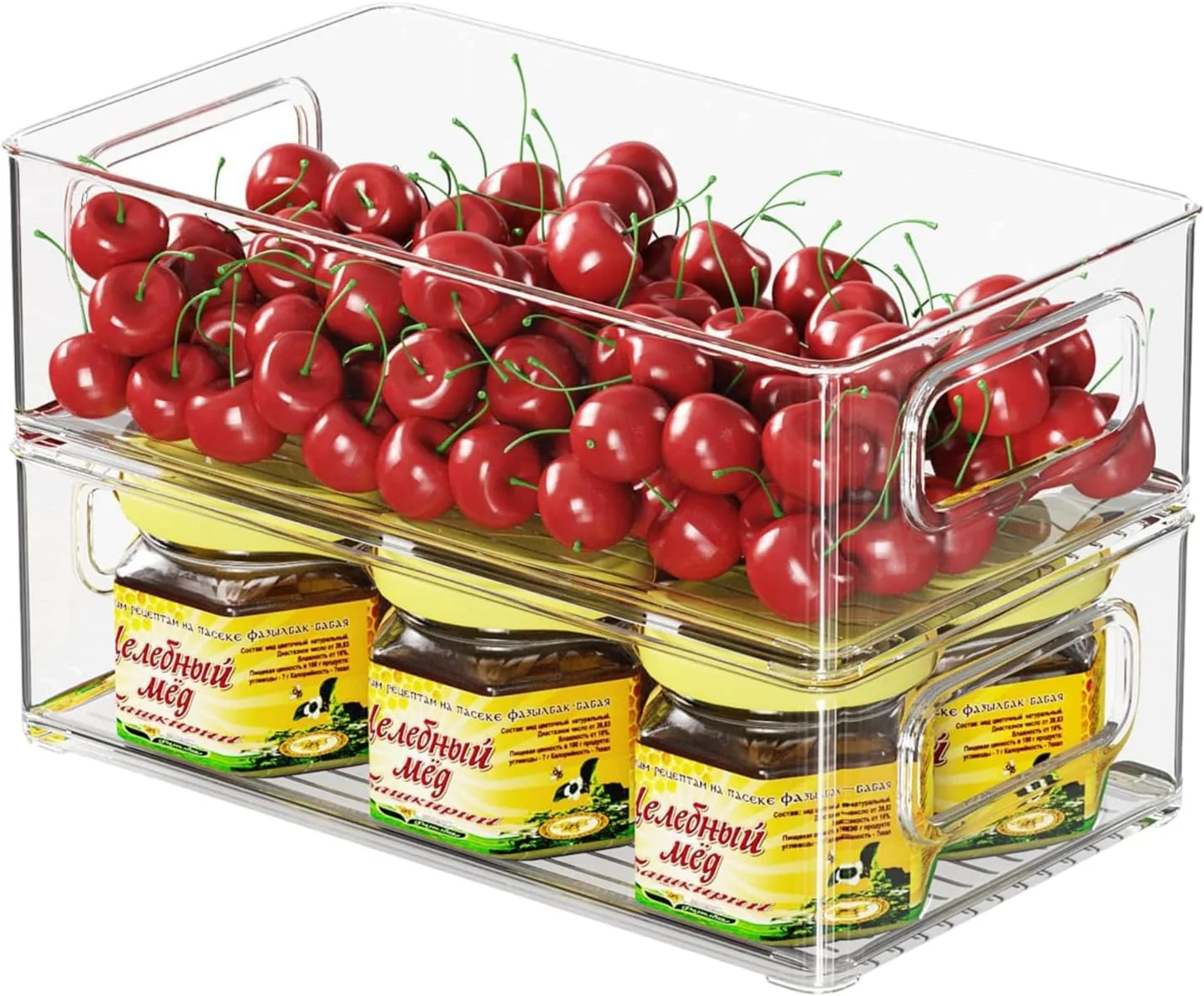 ارگانایزر یخچال اکرلیک قابل انباشت، ظروف محکم برای نگهداری مواد غذایی در انبار و یخچال با دستگیره | مناسب برای حمام، کابینت آشپزخانه، انبار، سازماندهی خانه | بزرگ | بسته 2 عددی