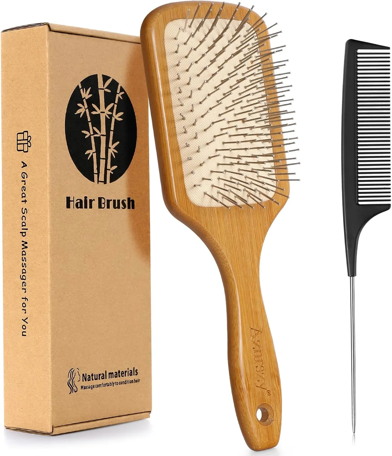 برس مو Aznrszy پارویی بامبو، ماساژور چند منظوره سر با بالشتک هوا/موهای برس استیل ضد زنگ، برس خشک و مرطوب، شانه مو برای تحریک پوست سر/رشد مو/مراقبت روزانه