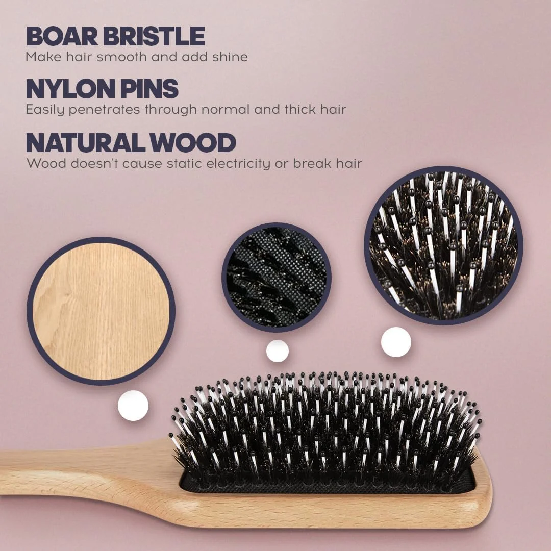 ست برس مویی چوبی AMROAH شامل 2 عدد برس موی چوبی و شانه، برس مویی ضد الکتریسیته ساکن برای باز کردن گره و حالت دادن به مو با دسته ارگونومیک، مناسب برای موهای ضخیم، فر، نازک، بلند، کوتاه، خیس و خشک برای مردان، زنان و کودکان