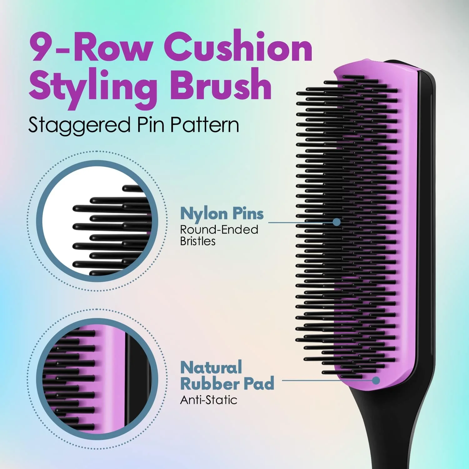 برس حالت دهنده موی حرفه ای 9 ردیفه آلپری برای موهای طبیعی، ضخیم و مجعد | برس جداکننده نایلونی کلاسیک، عالی برای ایجاد حلقه (بنفش)
