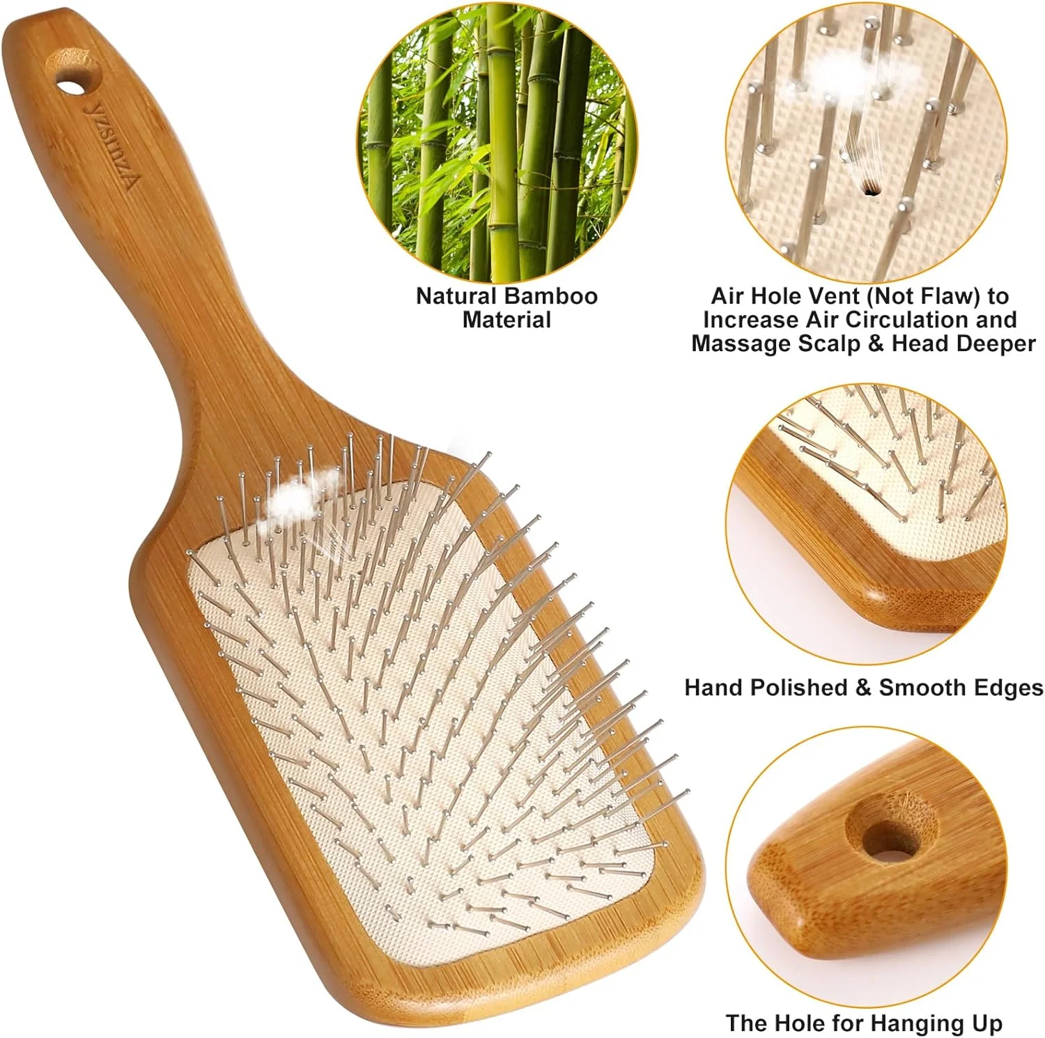 برس مو Aznrszy پارویی بامبو، ماساژور چند منظوره سر با بالشتک هوا/موهای برس استیل ضد زنگ، برس خشک و مرطوب، شانه مو برای تحریک پوست سر/رشد مو/مراقبت روزانه