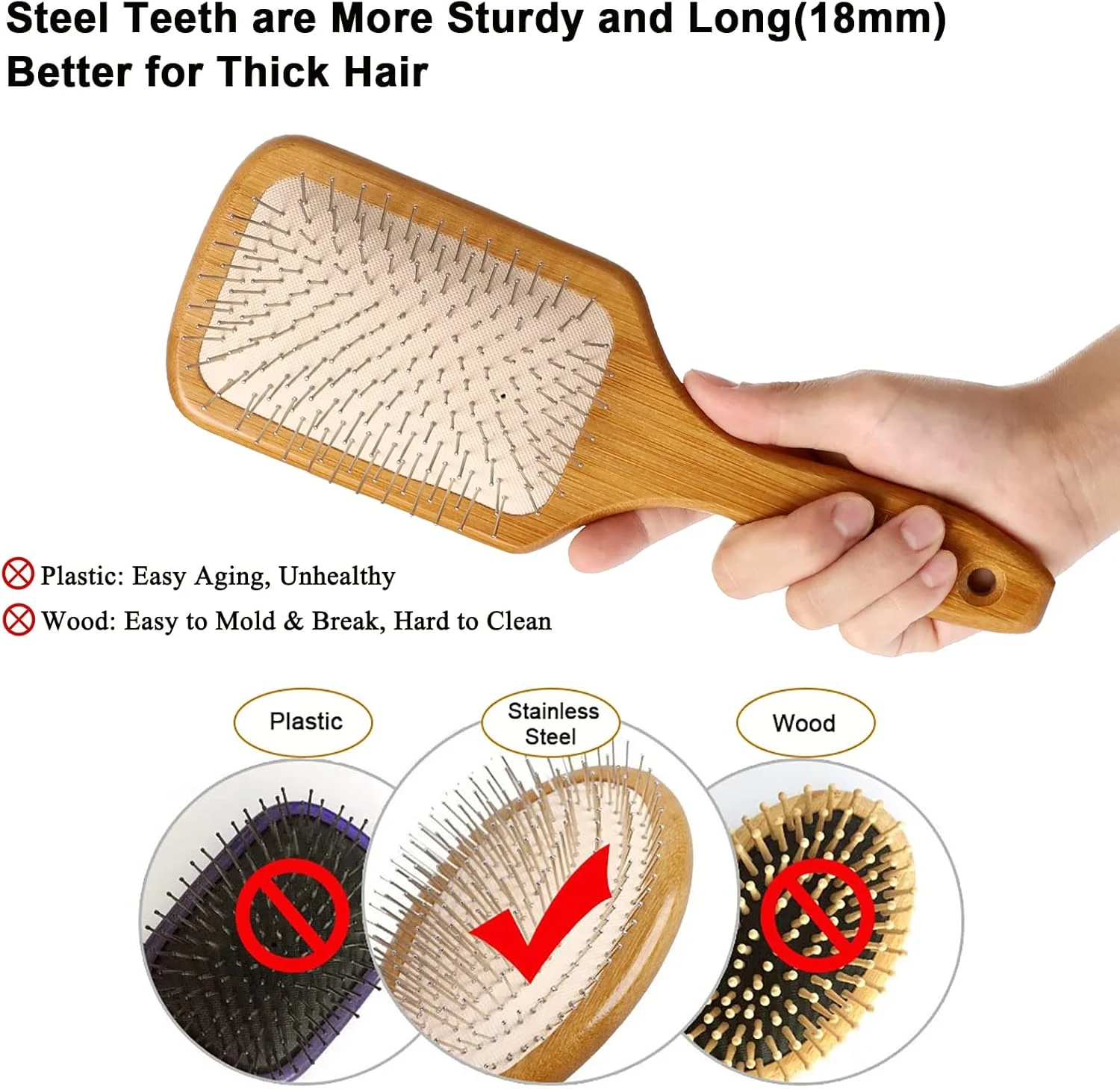 برس مو Aznrszy پارویی بامبو، ماساژور چند منظوره سر با بالشتک هوا/موهای برس استیل ضد زنگ، برس خشک و مرطوب، شانه مو برای تحریک پوست سر/رشد مو/مراقبت روزانه