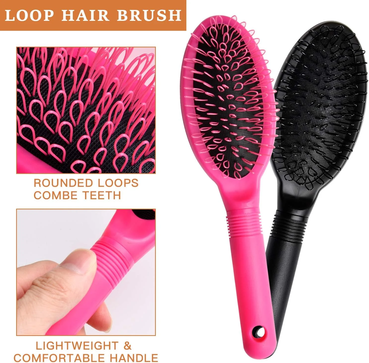 برس مو اکستنشن و کلاه گیس آکامینو لوپ - برس باز کننده گره مو برای موهای طبیعی و مصنوعی 100% ریمی، صورتی و مشکی - 2 عدد