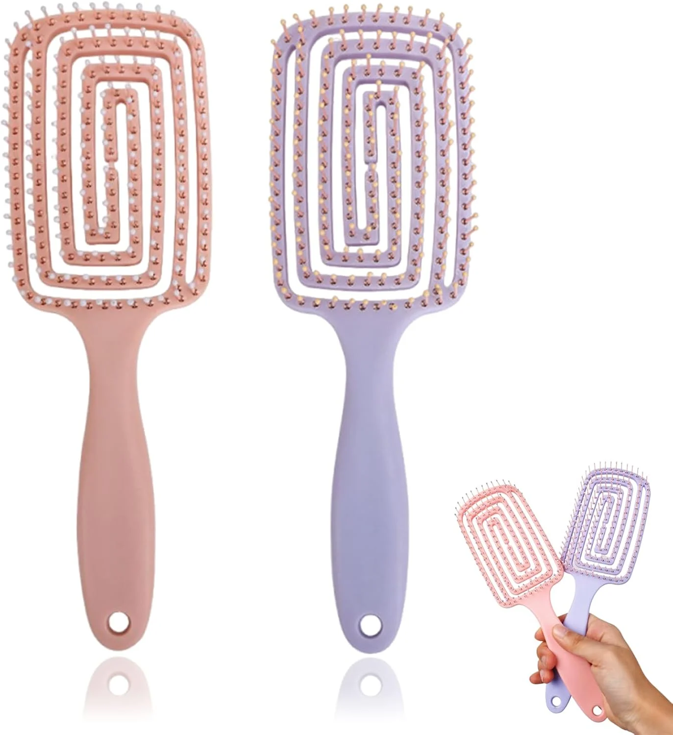 برس موی باز کننده گره مو، 2 عدد، با پنل پشتی توخالی و دسته آویز، مناسب برای موهای بلند، فر، خشک و خیس (صورتی + بنفش)
