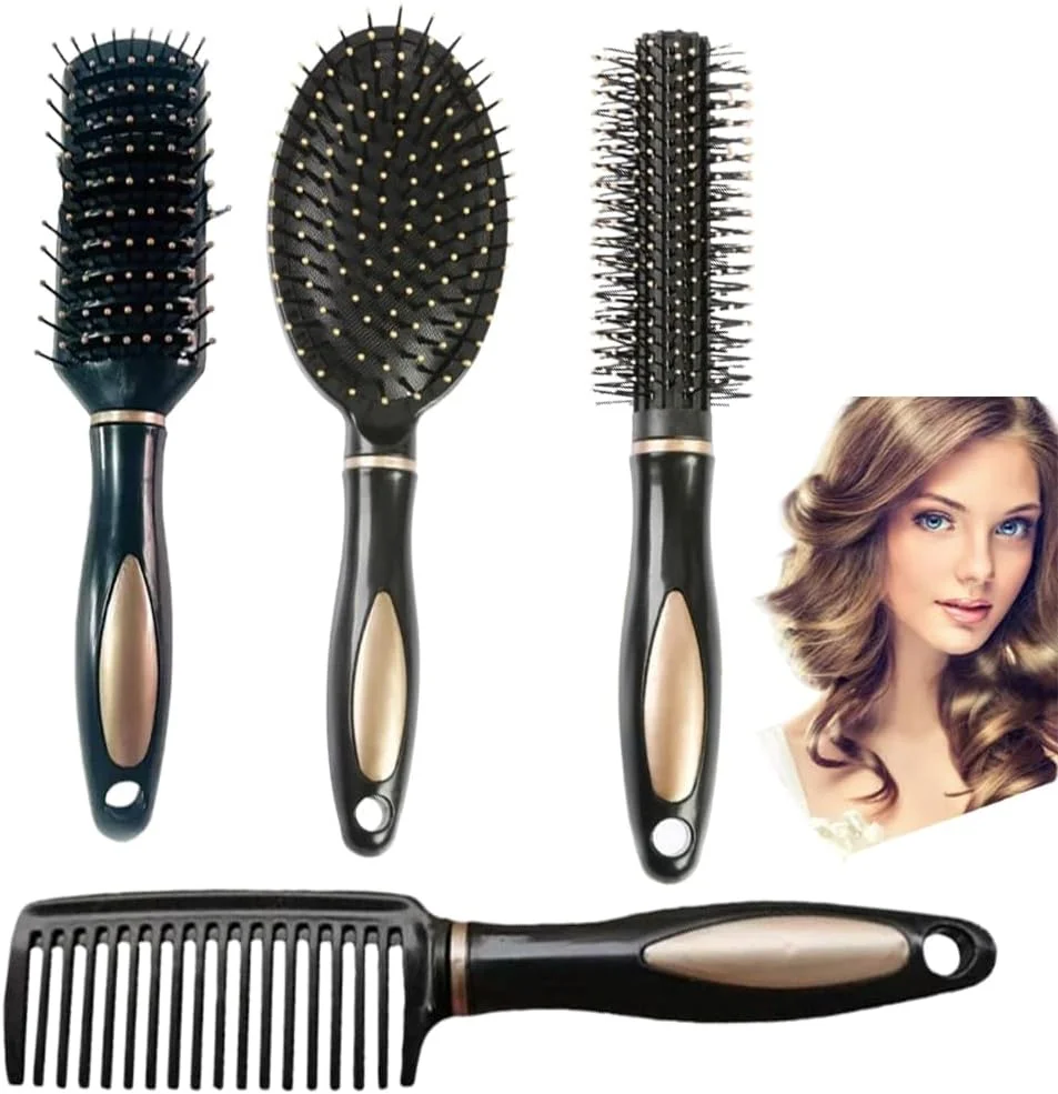 ست 4 عددی برس ماساژ مو شامل برس بیضی، برس گرد، برس مو با بالشتک هوا، برس موی پارویی باز کننده گره مو، مناسب برای زنان و مردان، لوازم سالن و منزل