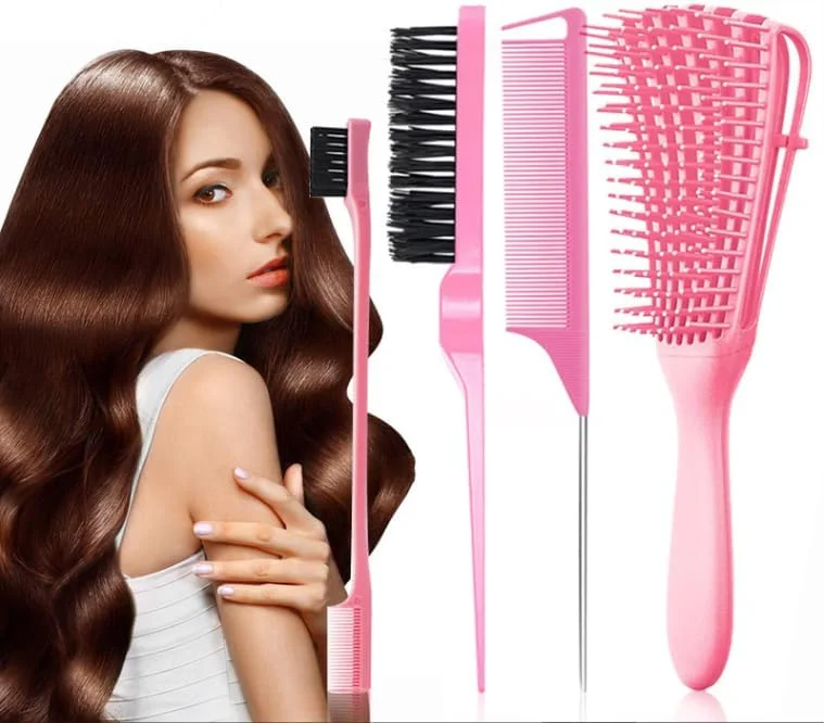 ست برس مو 4 تکه، برس باز کننده موهای فر، برس شانه، شانه دم موشی، برس کناری، شانه حالت دهنده، ست شانه حالت دهنده مو، ابزار حالت دهی مو، مناسب برای موهای فر و صاف، صورتی