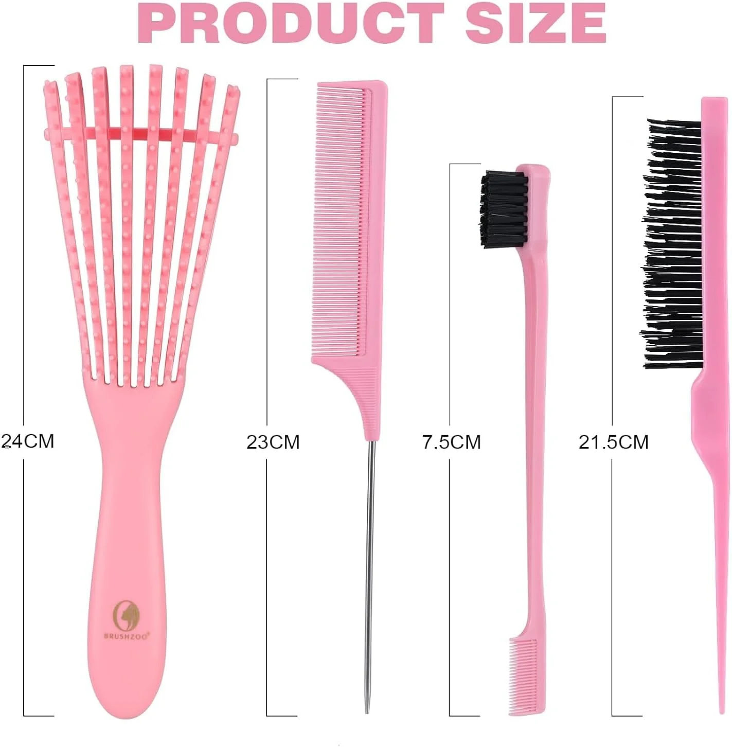 ست برس مو 4 تکه، برس باز کننده موهای فر، برس شانه، شانه دم موشی، برس کناری، شانه حالت دهنده، ست شانه حالت دهنده مو، ابزار حالت دهی مو، مناسب برای موهای فر و صاف، صورتی