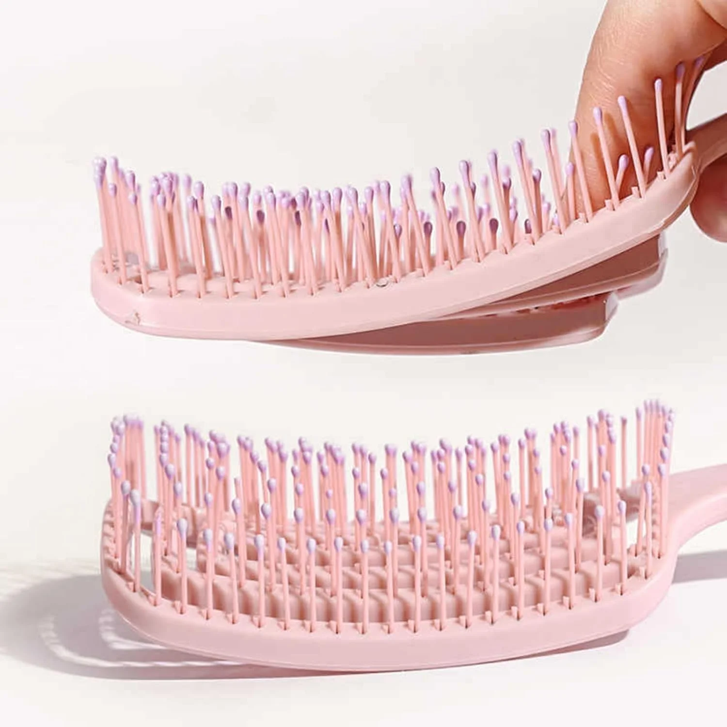 برس موی باز کننده گره مو، 2 عدد، با پنل پشتی توخالی و دسته آویز، مناسب برای موهای بلند، فر، خشک و خیس (صورتی + بنفش)