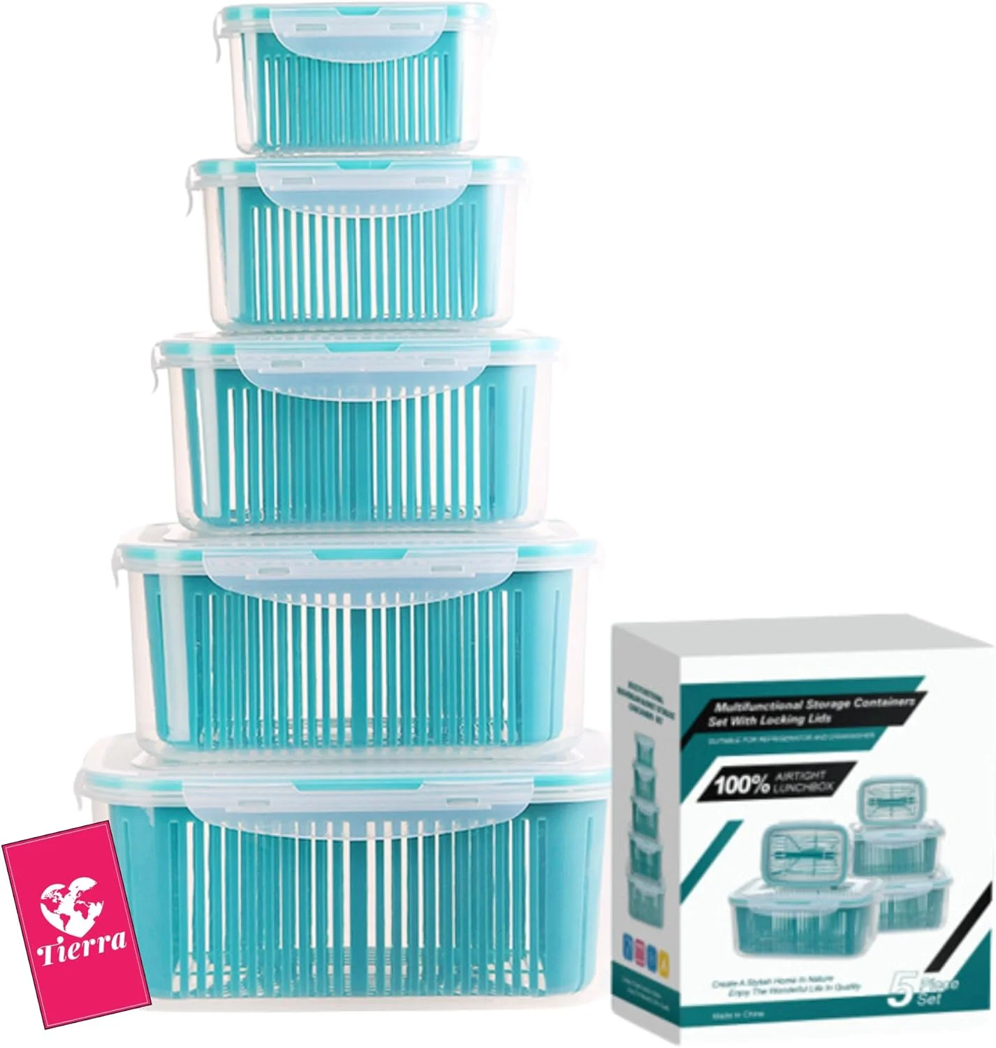 ظروف نگهداری مواد غذایی یخچال TIERRA [مجموعه 5 عددی]، سازمان دهنده و نگهدارنده یخچال برای سبزیجات و میوه های تازه - ظرف نگهداری مواد غذایی برای سالاد، مجموعه ظروف آماده سازی غذا با سبد آبکش (آبی)
